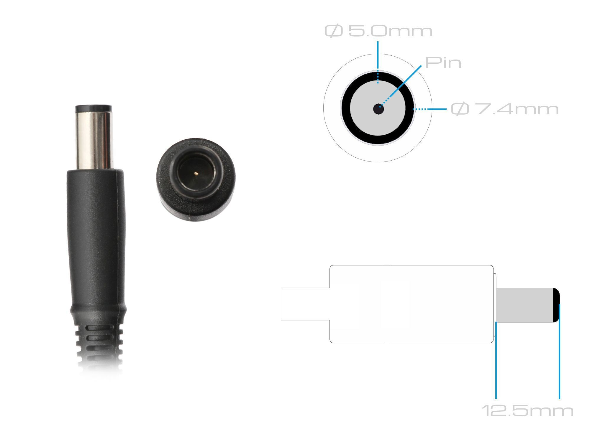 Ein Netzstecker und ein Buchsenadapter mit Maßen.