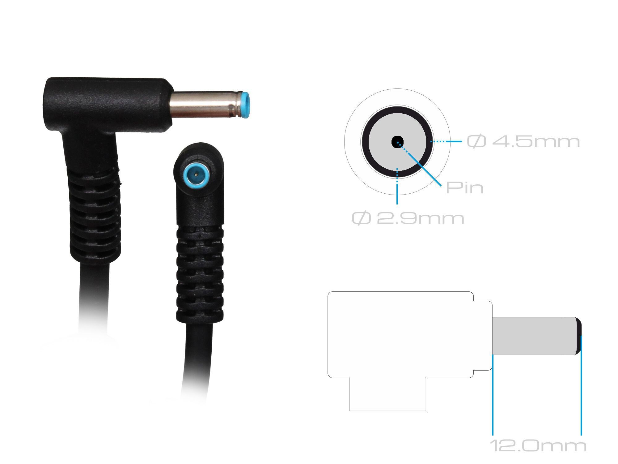 Zwei schwarze Laptop-Netzteilstecker mit blauen Akzenten und Maßzeichnungen.