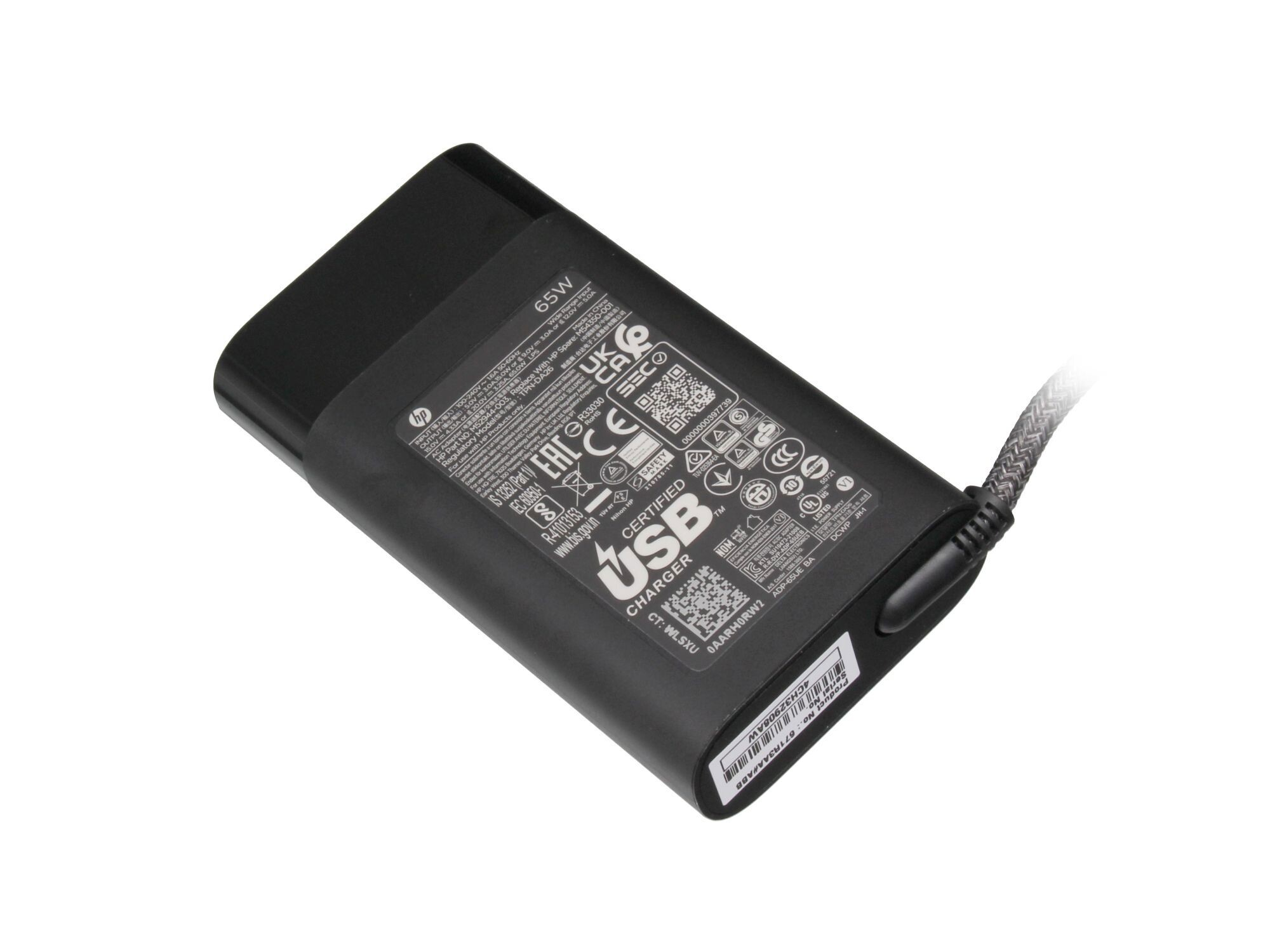 Schwarzer HP USB-Ladegerät mit 65W, Modell TPN-DA26, mit vielen Zertifizierungsmarken.