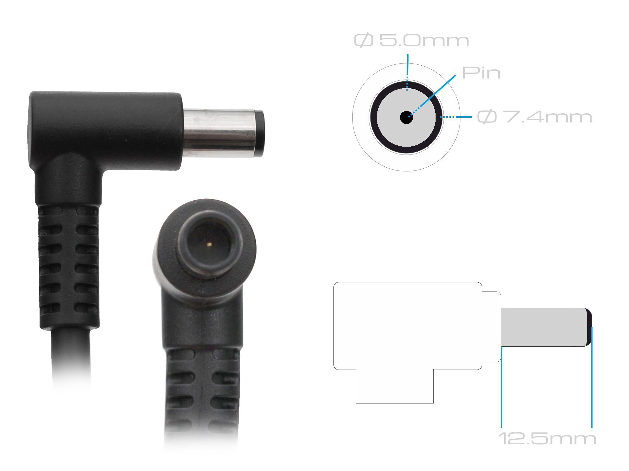 Schwarz-silberner Stromstecker mit technischen Zeichnungen und Maßen.