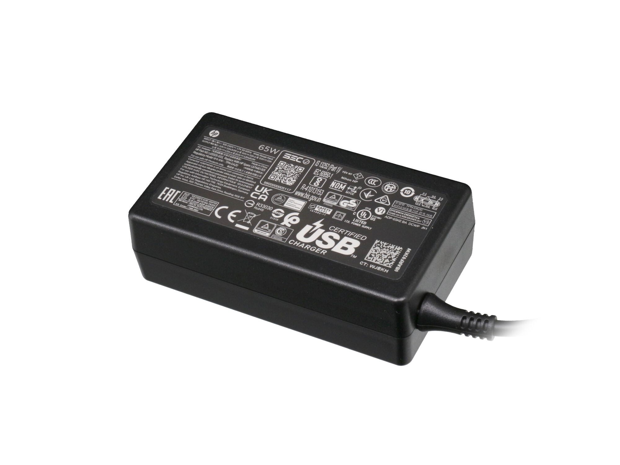 Schwarzer HP USB Ladegerät mit Aufdruck und Kabel.