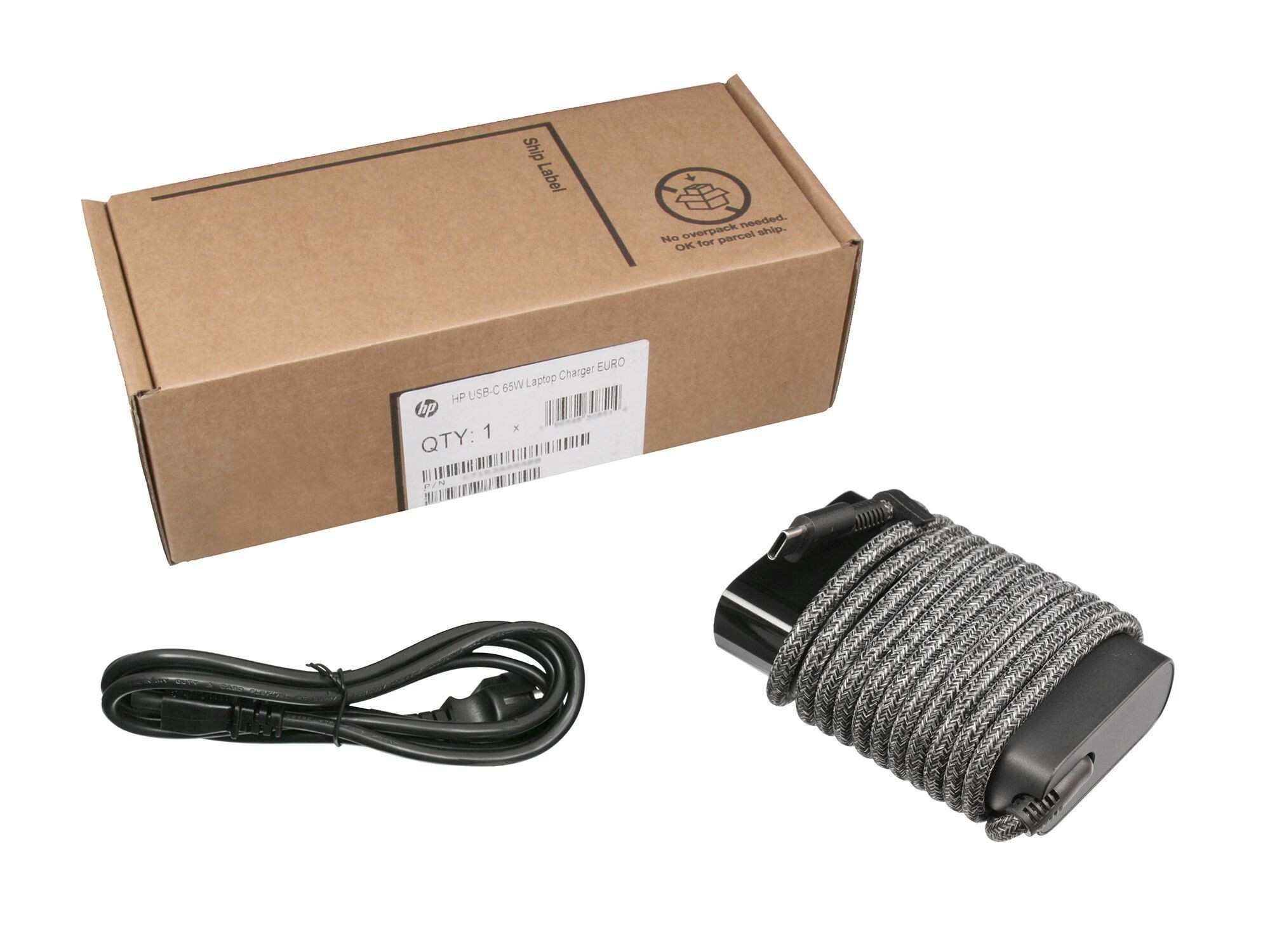 HP Laptop-Ladegerät mit USB-C-Kabel und Netzteil in einem Karton.