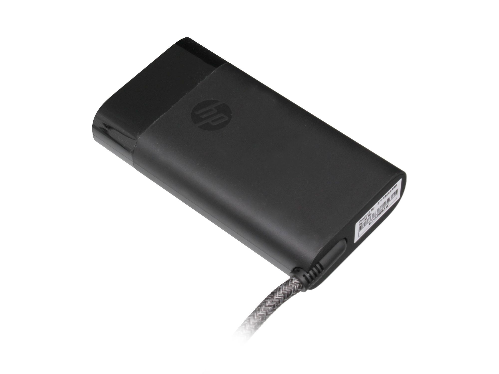 Schwarzes HP-Netzteil mit Kabel auf weißem Hintergrund.