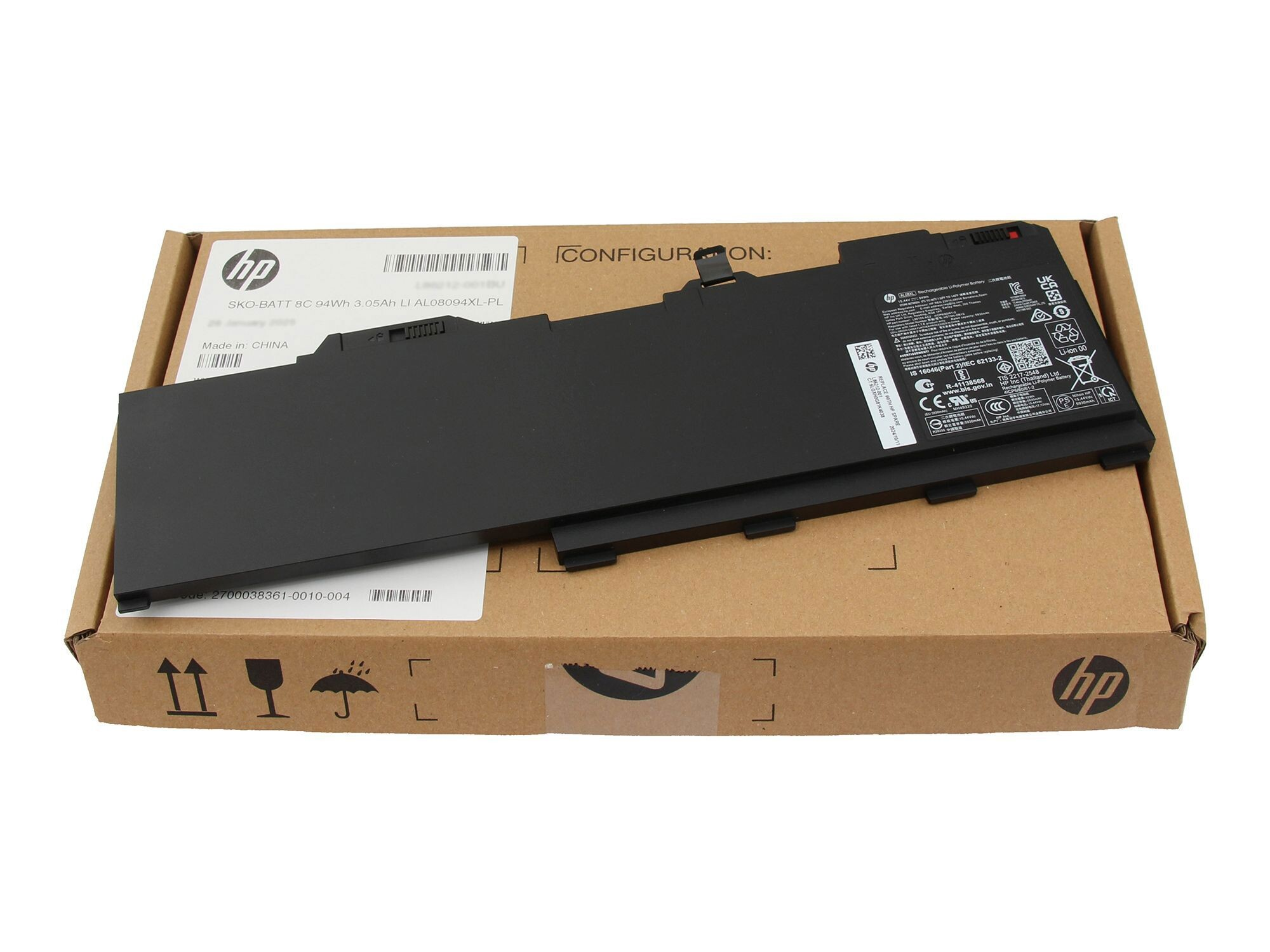 Schwarzer HP Laptop-Akku im Karton mit Aufklebern und Symbolen.