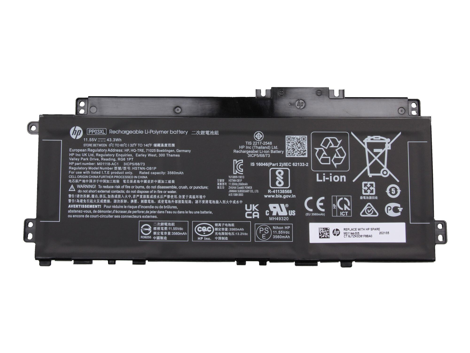 Schwarzer HP Laptop Akku mit Aufklebern, Spezifikationen und Warnhinweisen.