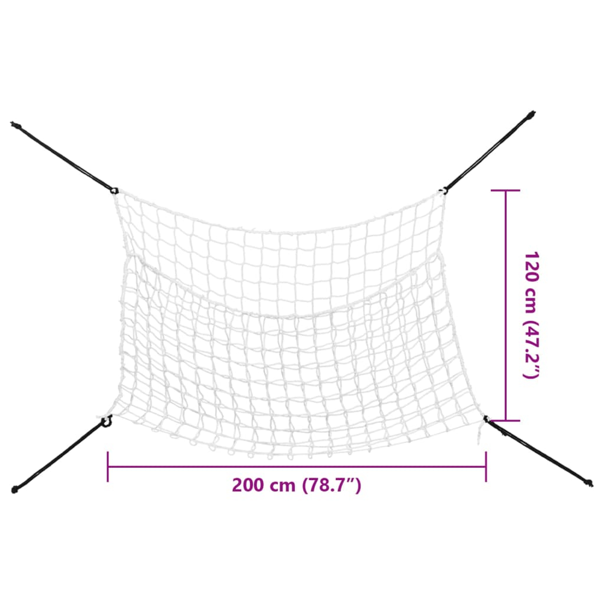 Weißes Netz mit schwarzen Seilen, 200cm breit, 120cm hoch.