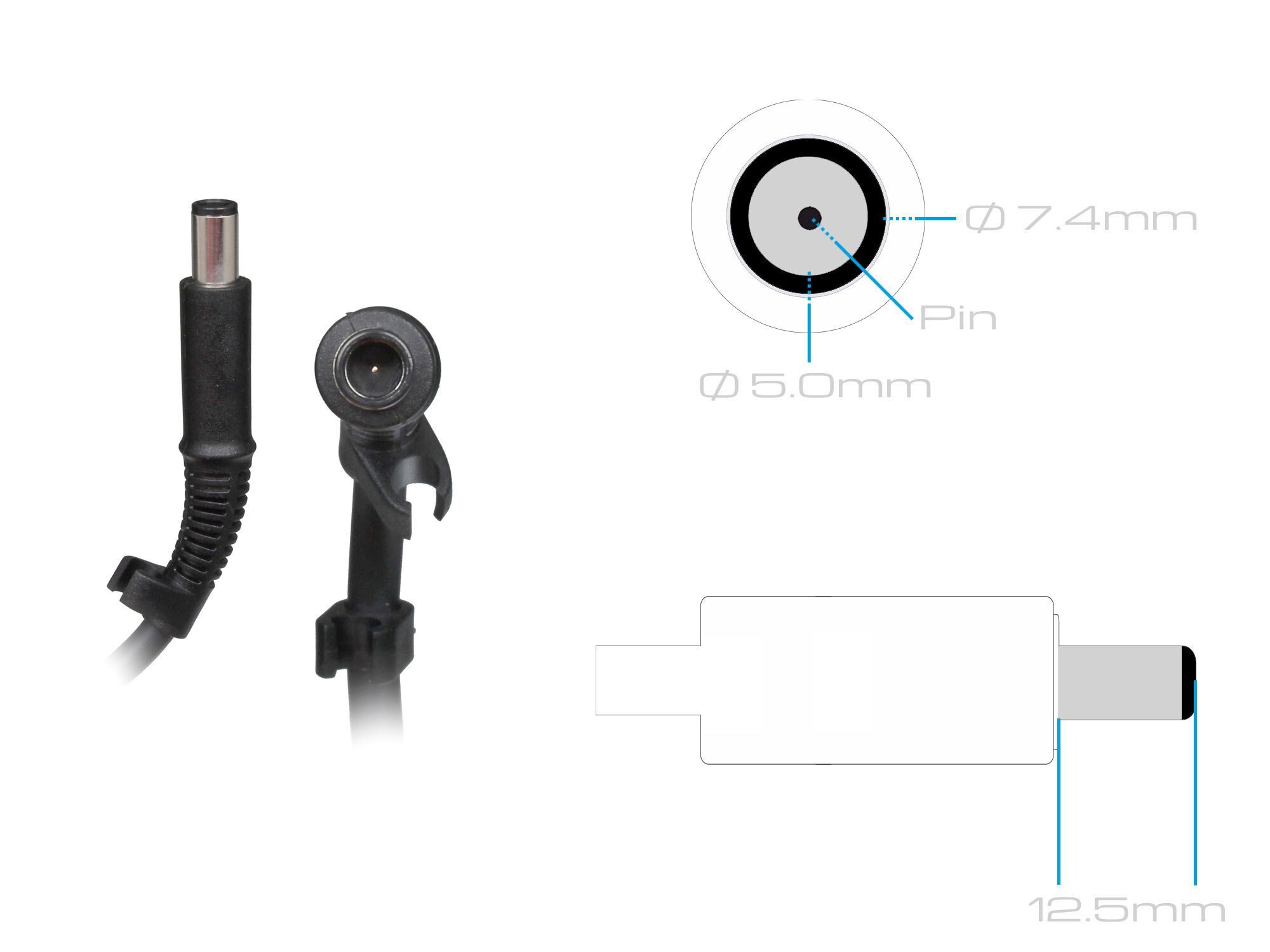 Ein Netzstecker mit Metallspitze und ein dazu passender runder Anschluss mit Maßen.