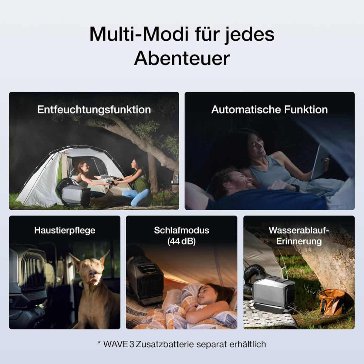 Produktanzeige mit 5 Szenen: Camping, Schlafen, Haustierpflege, Schlafmodus, Wasserablauf.