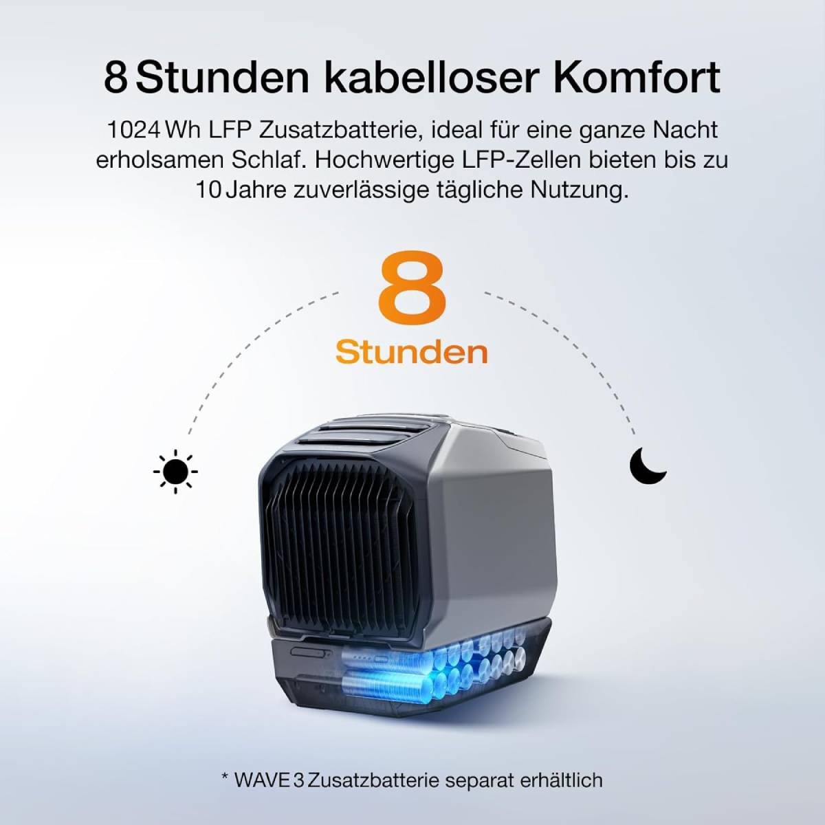 Graues tragbares Gerät mit sichtbaren blauen Batteriezellen unten. Text betont 8 Stunden Komfort.