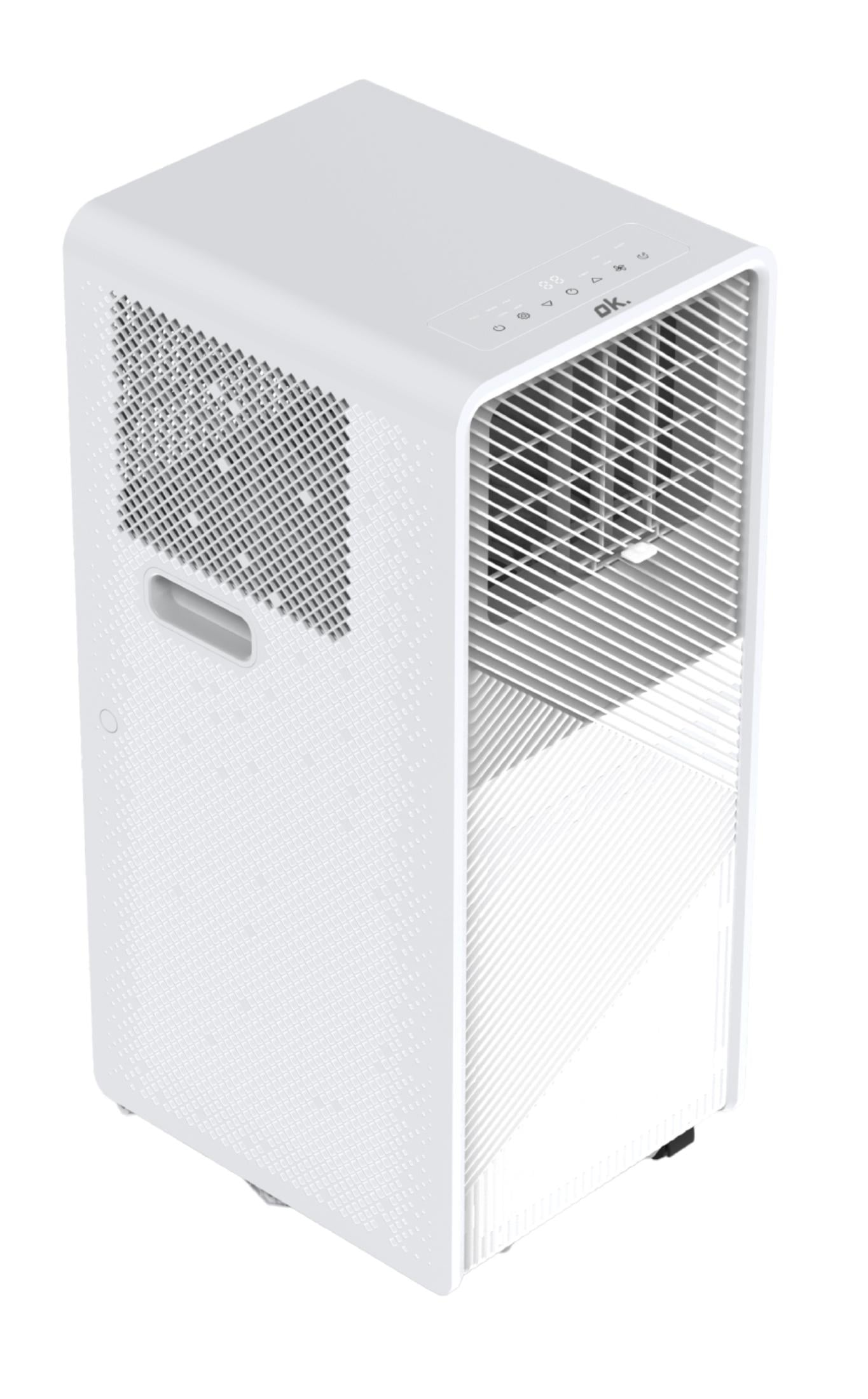 Una torre de aire acondicionado portátil blanca con rejilla de ventilación.