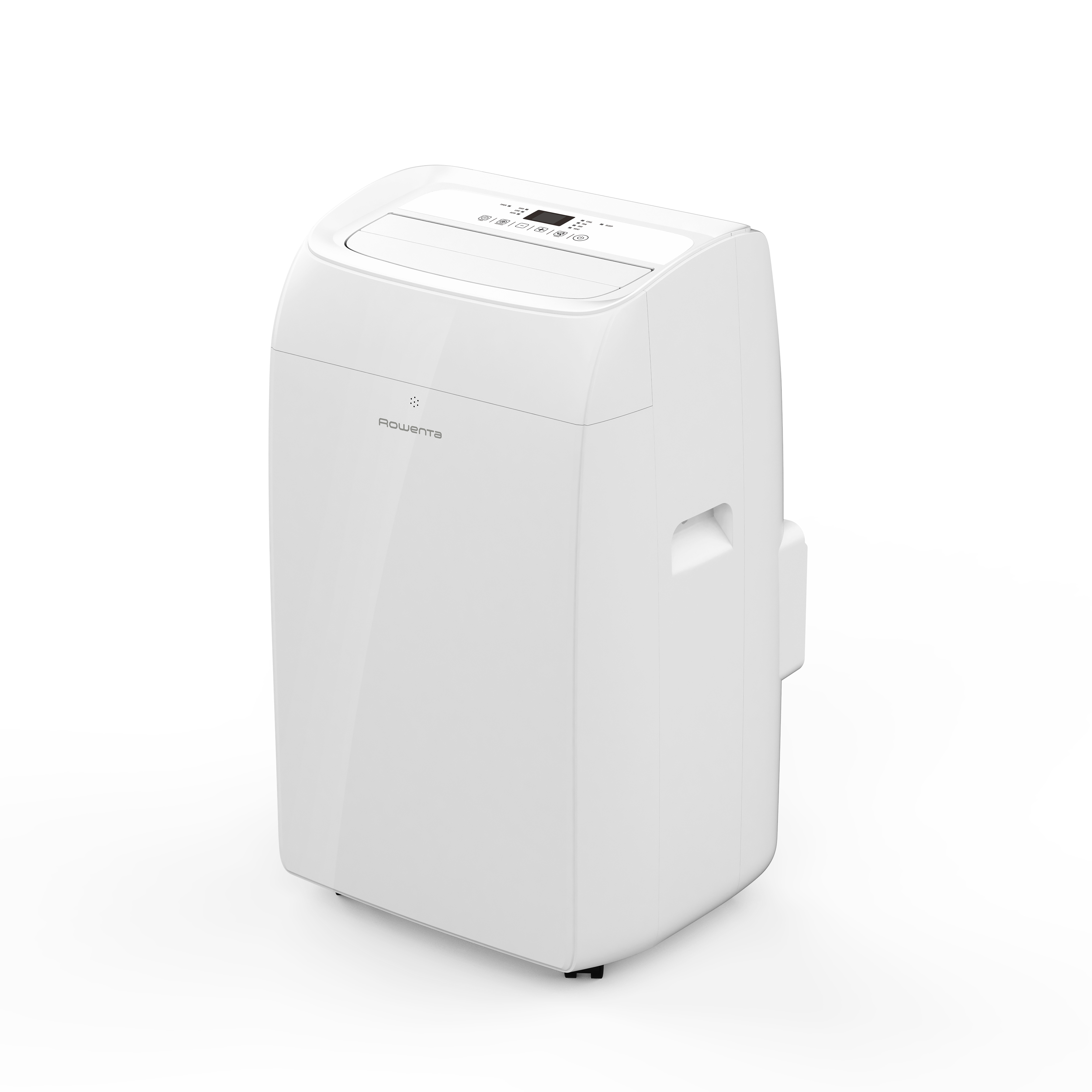 Una torre di condizionatore portatile bianca con display digitale e pulsanti di controllo.
