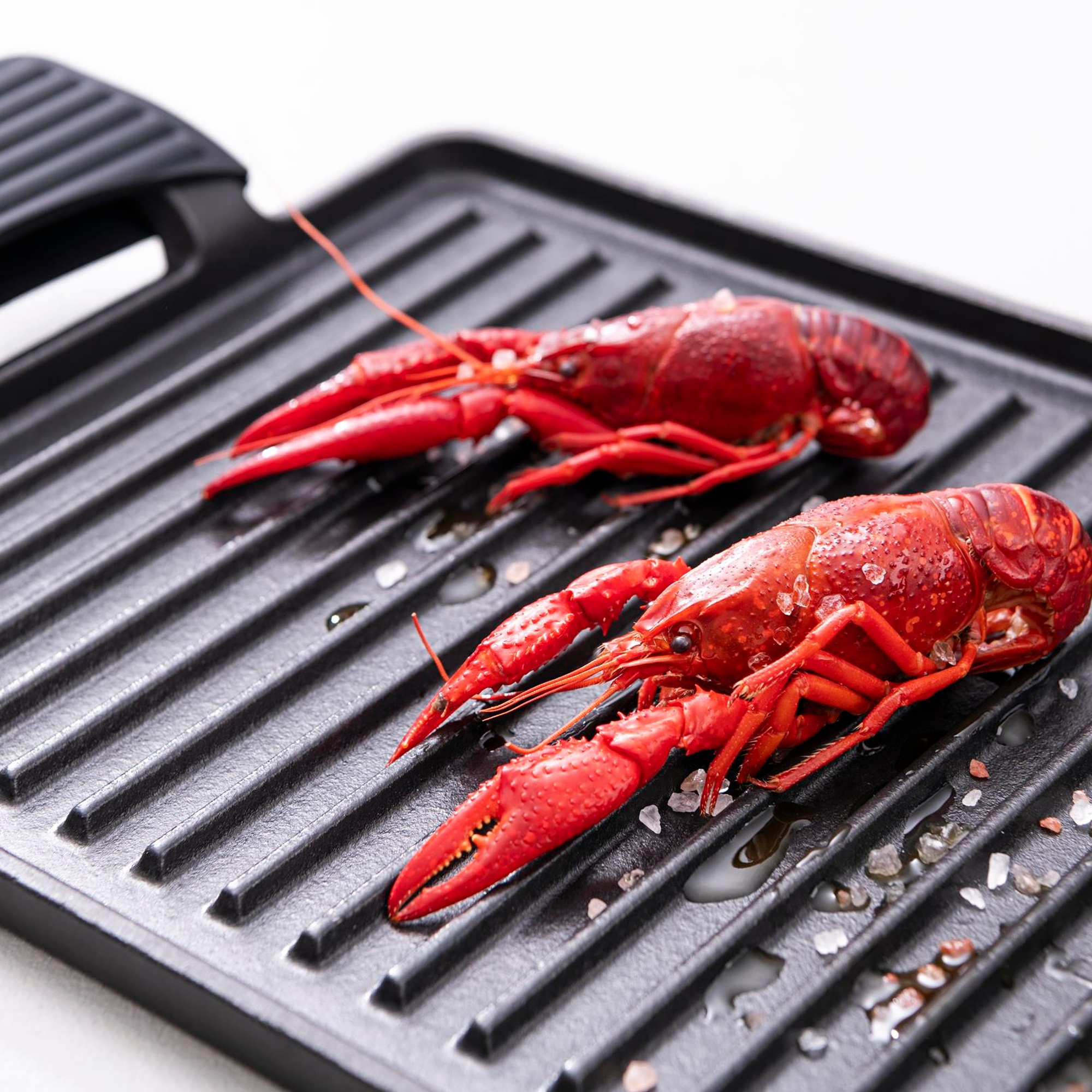 Dos cangrejos rojos yacen en una sartén para parrilla con sal y agua.