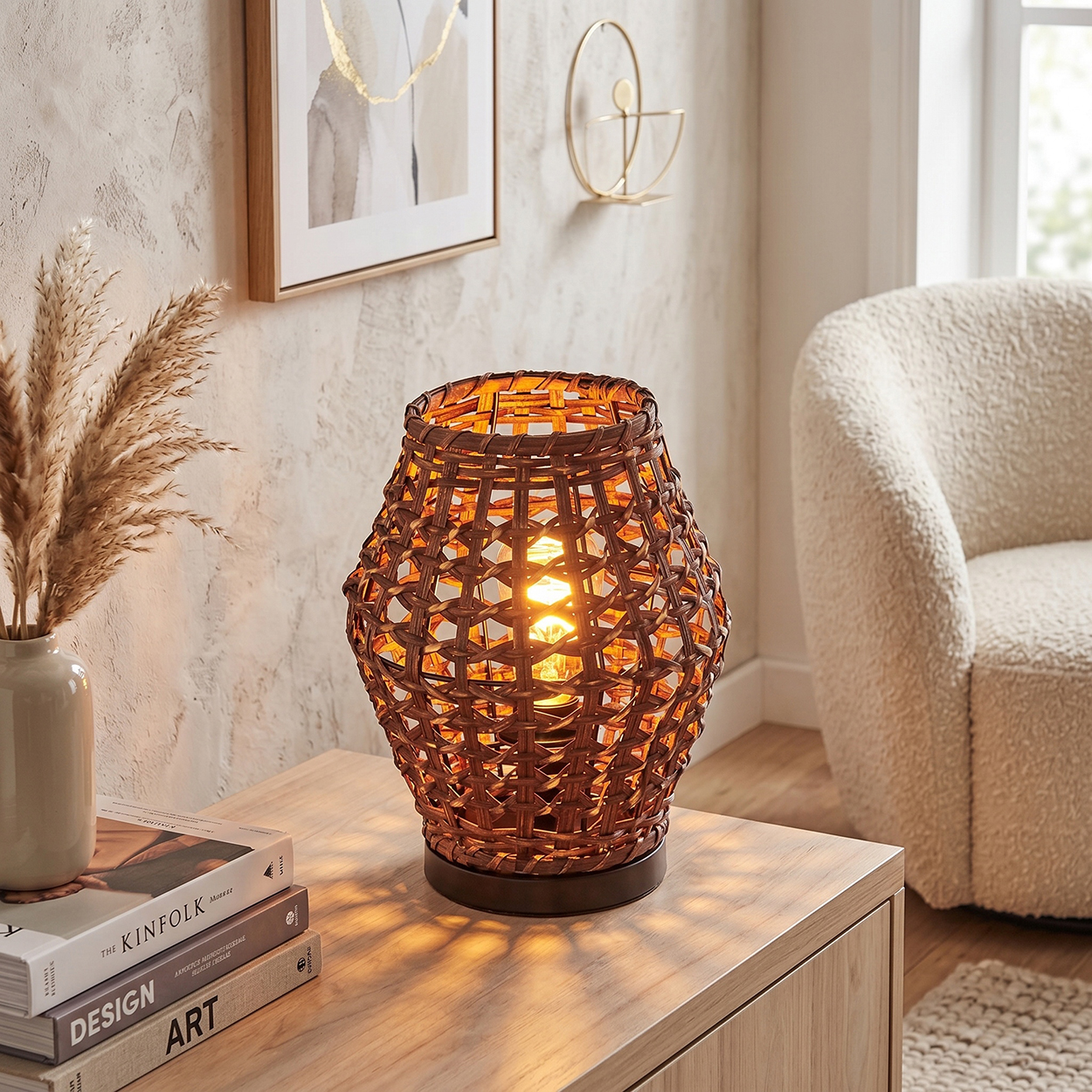 Eine gewebte braune Tischlampe leuchtet warm auf einem Nachttisch aus Holz neben Büchern.