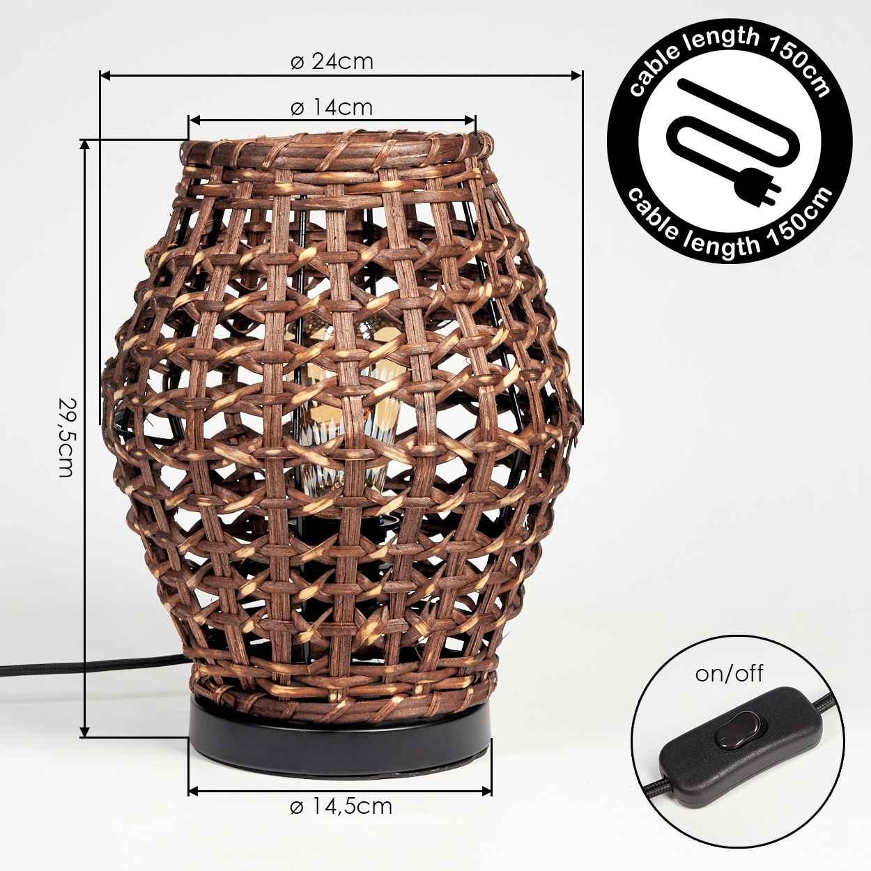 Braune Weidenlampe mit schwarzem Sockel, Maße und Schalter angezeigt.