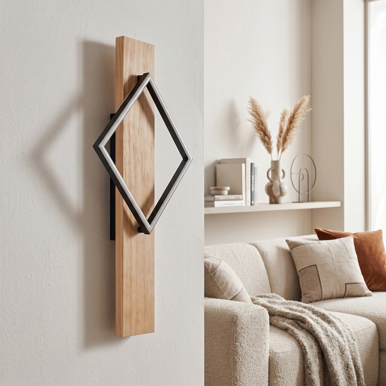 Ein Holzdekor mit einem schwarzen Rautenrahmen an einer weißen Wand, daneben ein Sofa.
