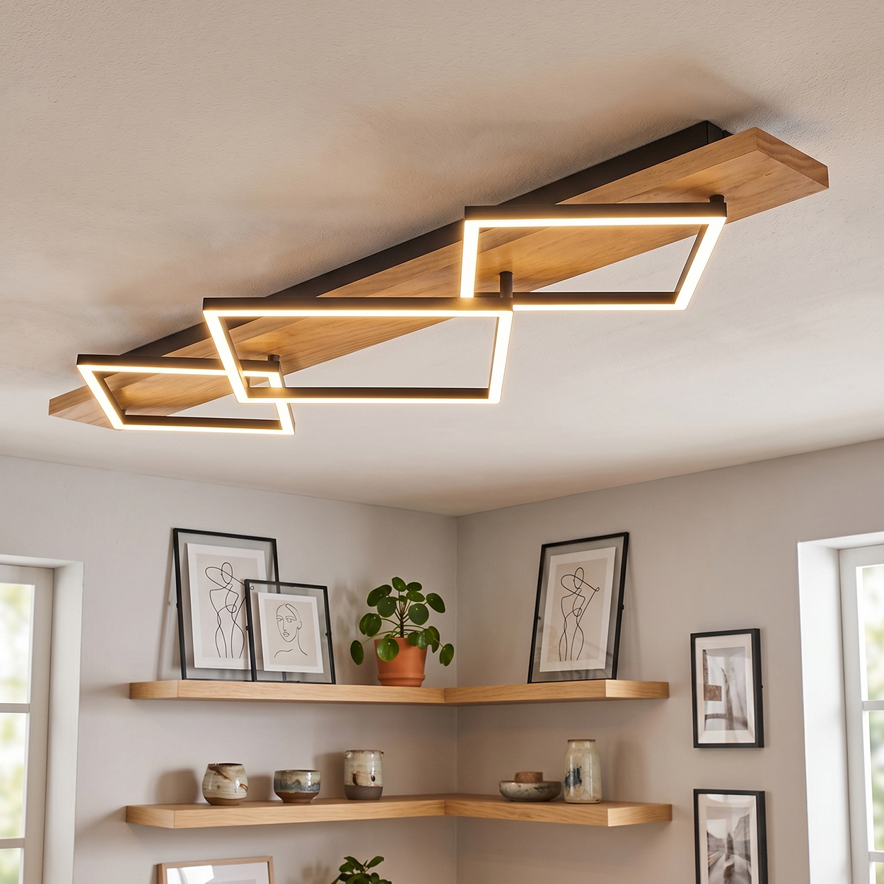 Moderne Deckenleuchte aus Holz mit verschlungenen Rechtecken und LED-Beleuchtung.