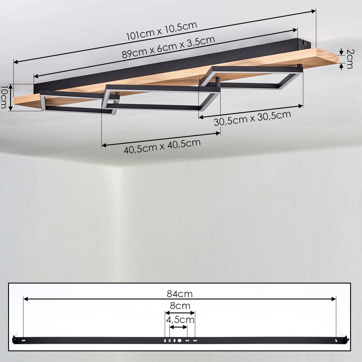 Deckenleuchte mit Holz und schwarzen Metallrahmen, Maße angegeben.
