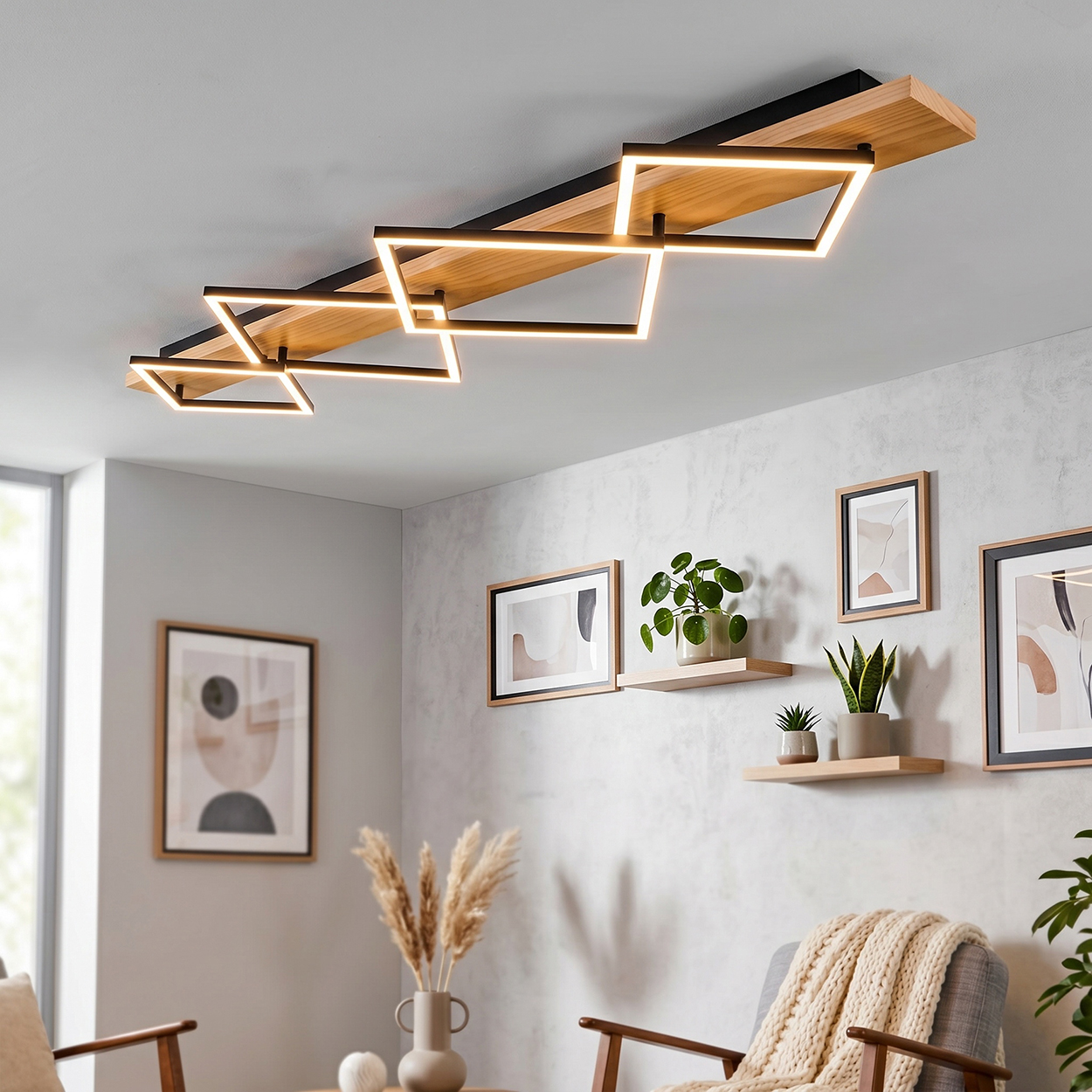 Eine moderne Deckenleuchte mit Holz und Metallrahmen mit LED-Beleuchtung.