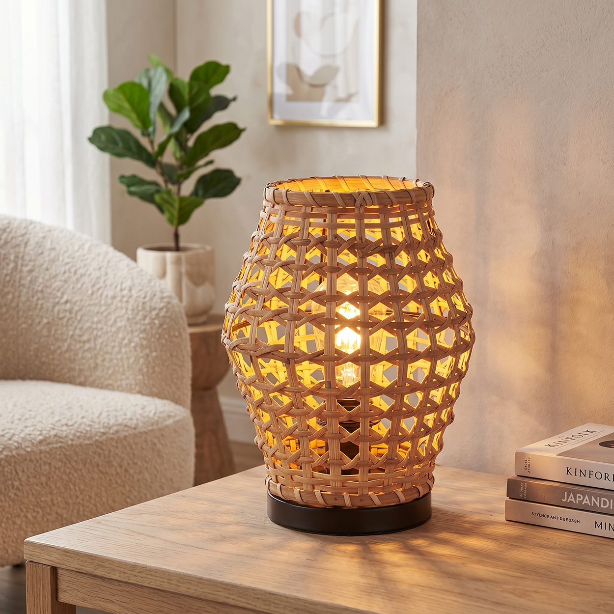 Eine geflochtene Rattanlampe mit warmem Schein steht auf einem Holztisch neben Büchern und einem Stuhl.