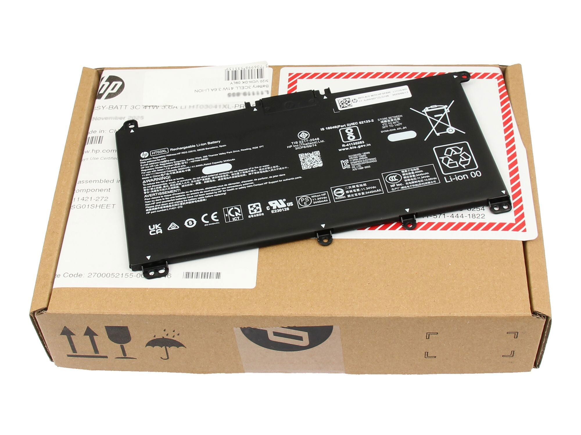 HP Laptop-Akku mit Modellnummer HT03XL, 11,34V, 3440mAh, in brauner Verpackung.