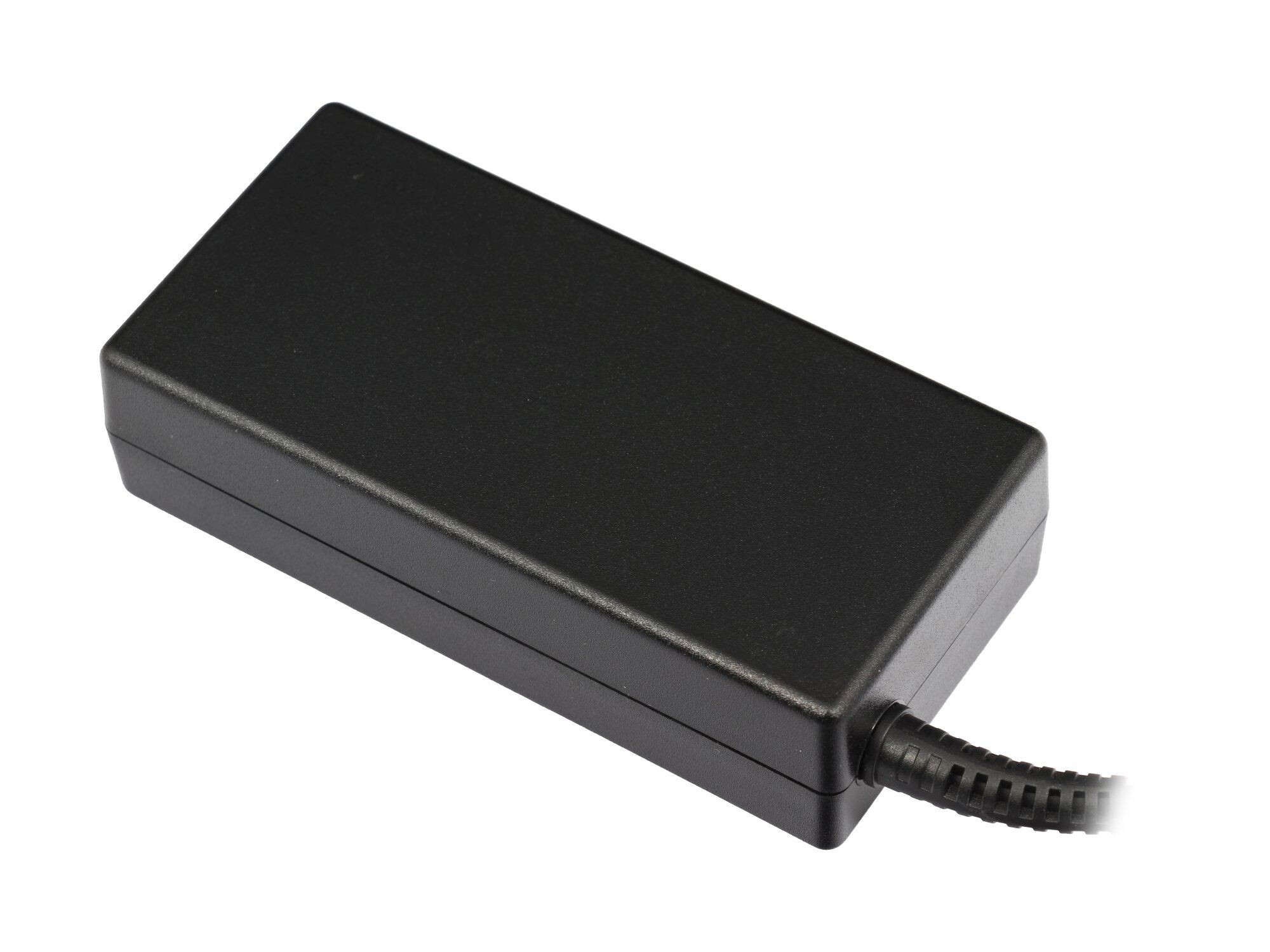 Ein schwarzer rechteckiger Netzadapter mit einem Kabelanschluss.