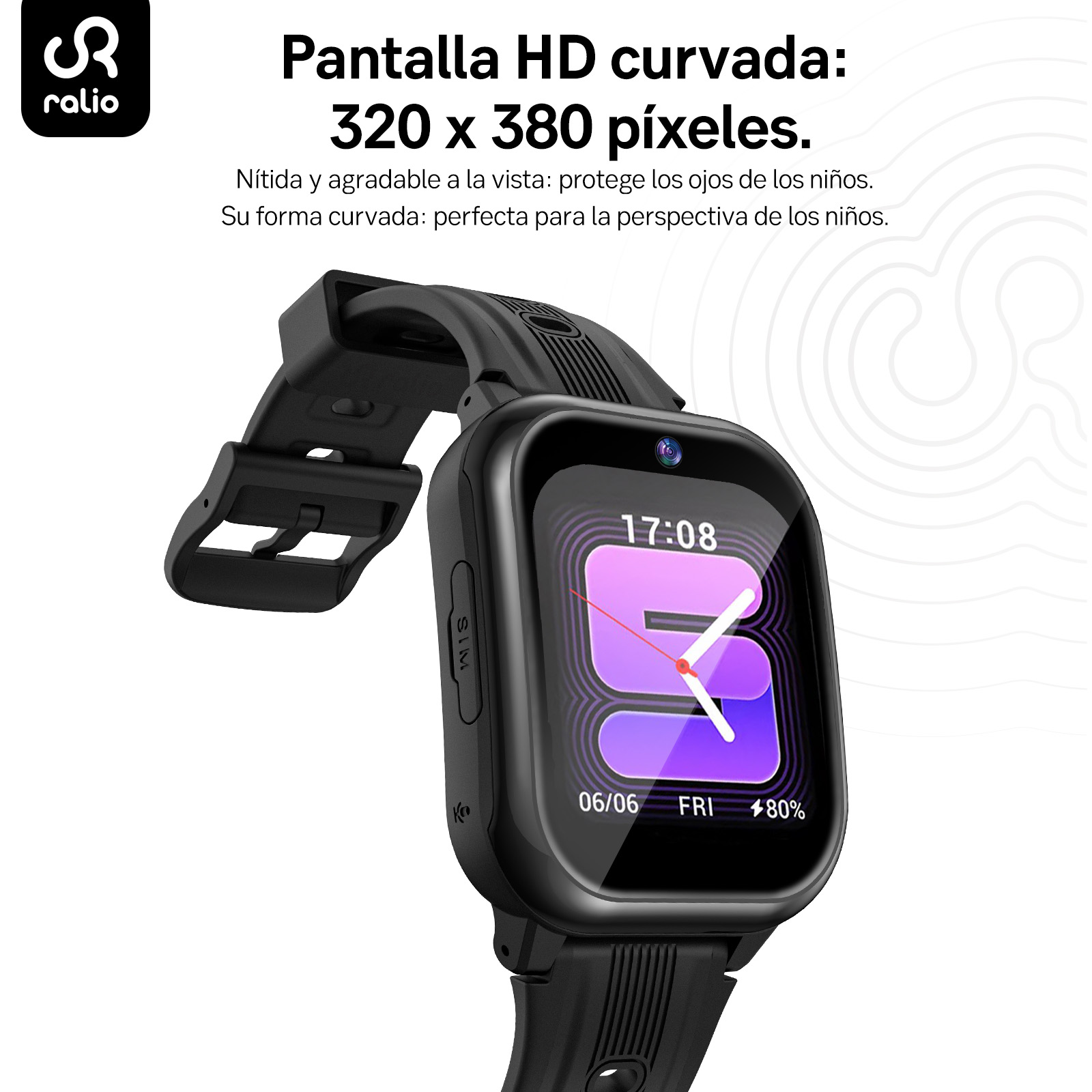 Reloj inteligente negro con pantalla HD curva mostrando las 17:08.
