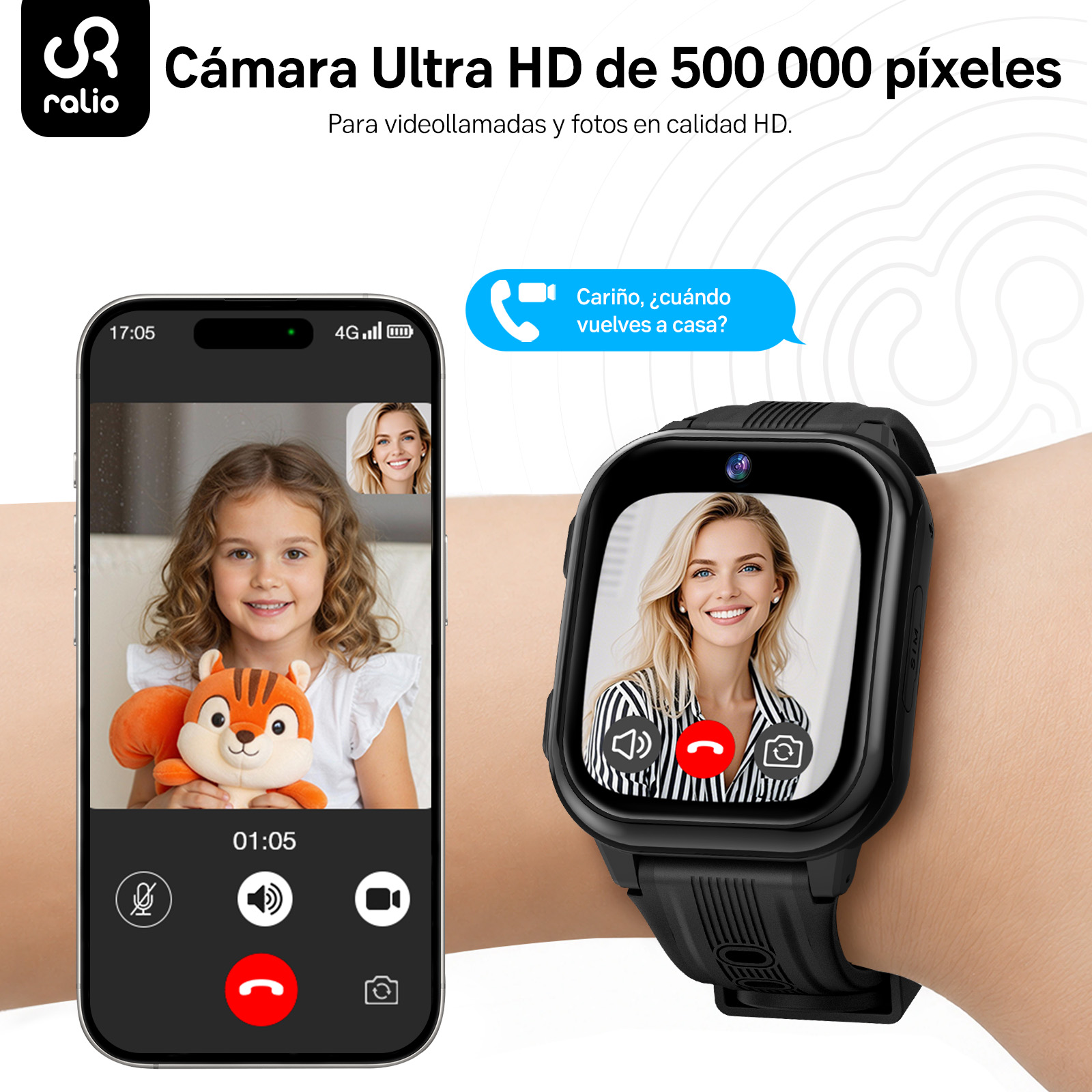 Smartwatch infantil - RALIO R5 Plus, 140-210 mm, ABS+PC, Negro Reloj Inteligente para Niños con Pantalla Curva Ultra HD