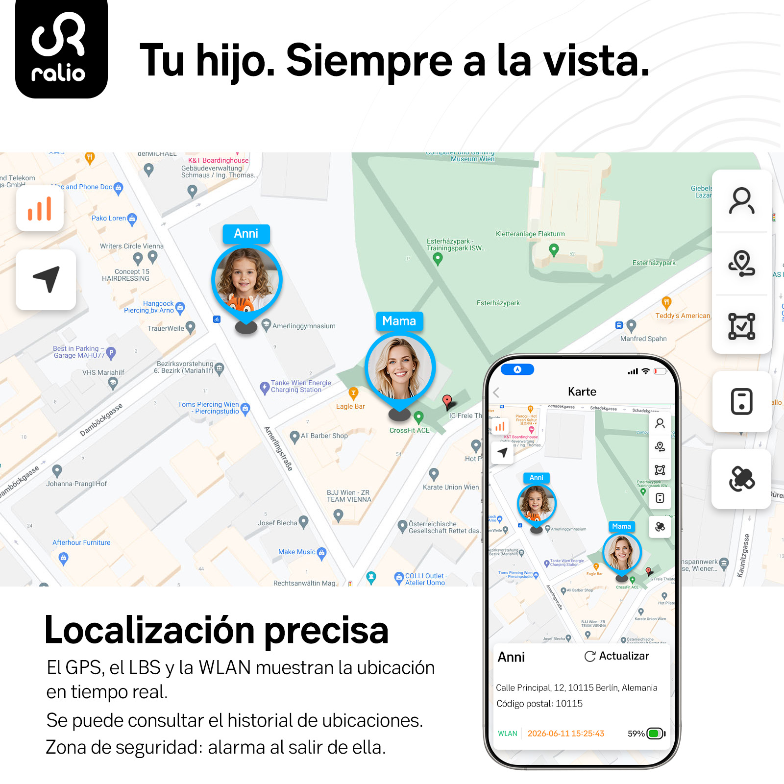 Mapa que muestra dos ubicaciones: Anni y Mama. Texto abajo sobre servicios de localización.