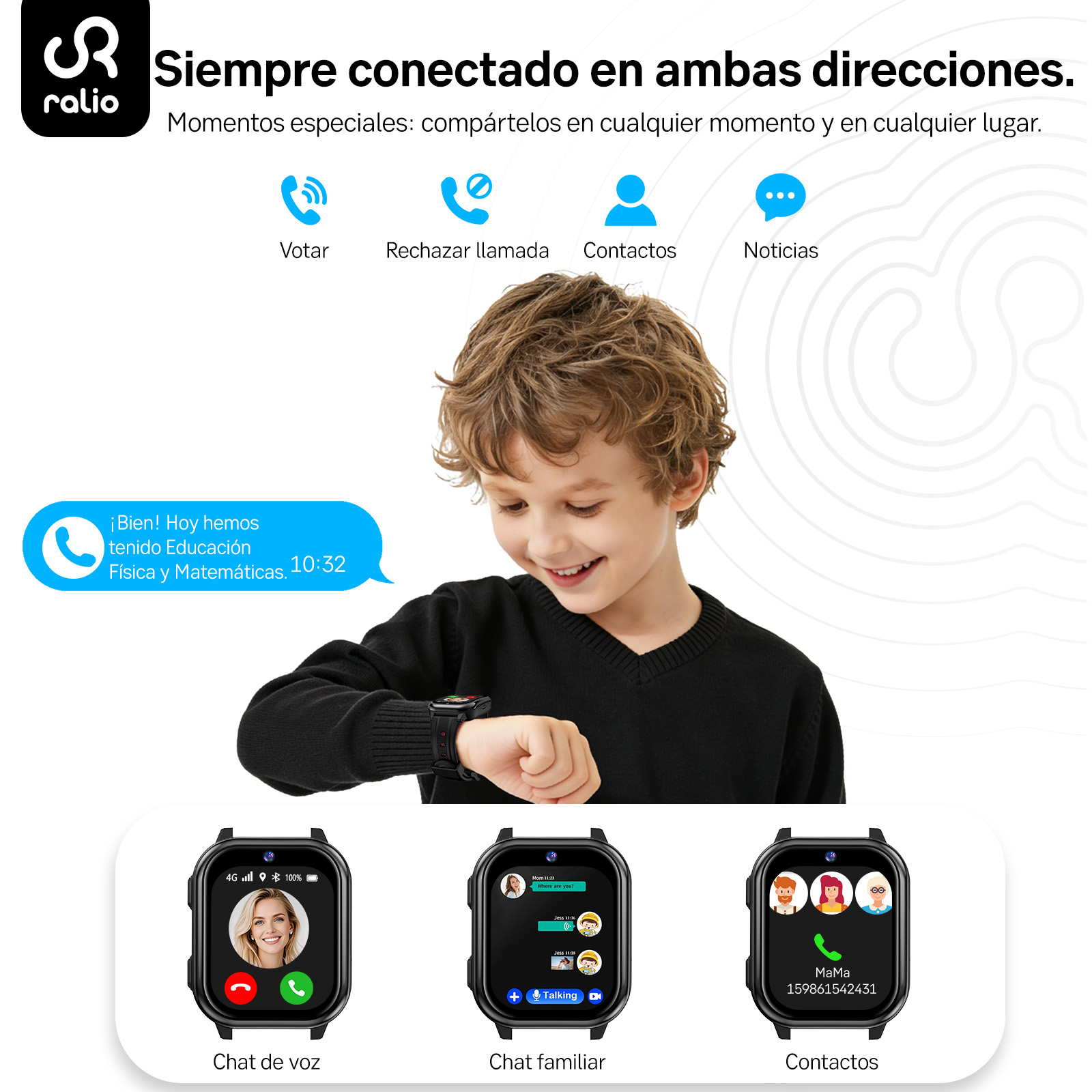Un niño mira un reloj inteligente que muestra pantallas de llamadas, chat y contactos.