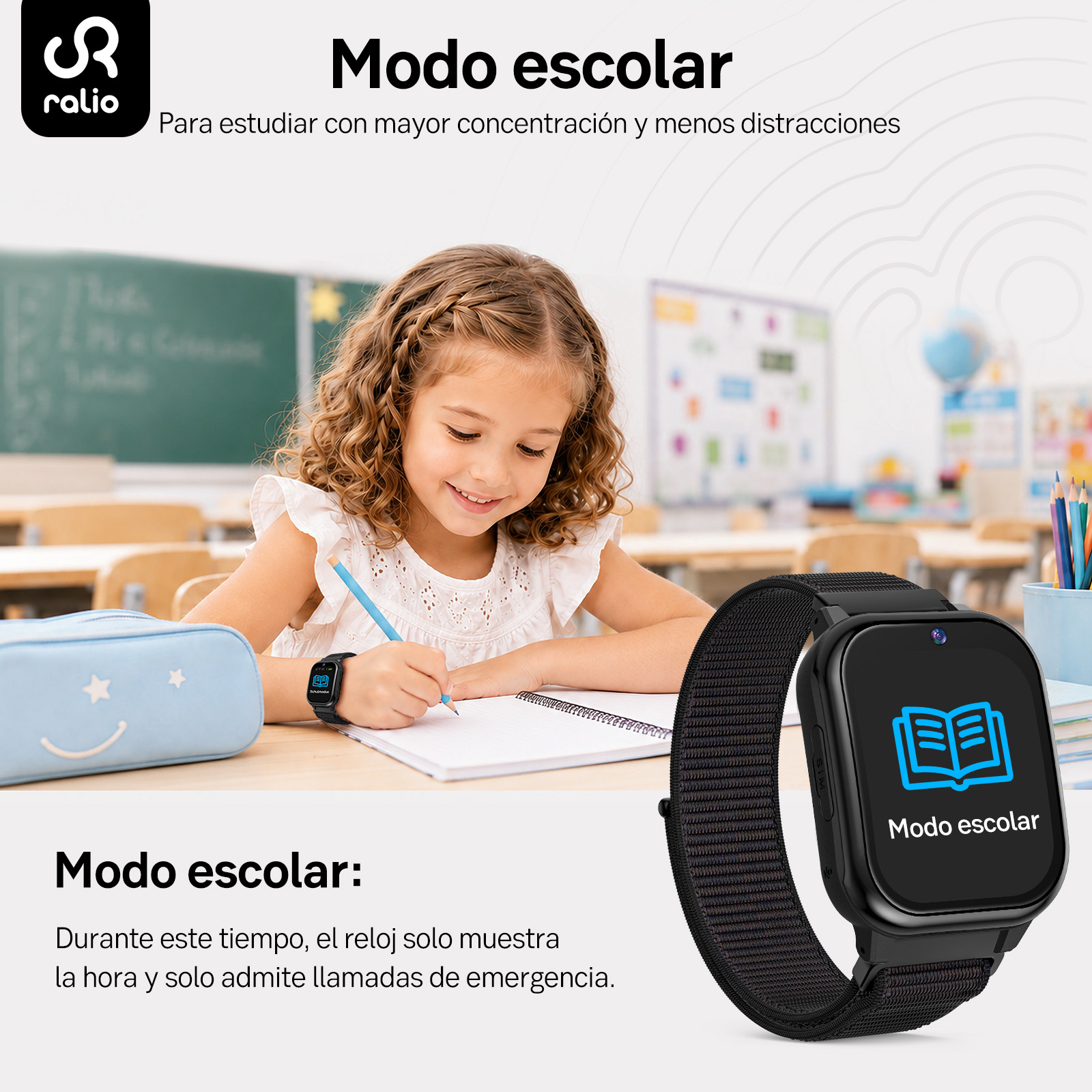 Una niña escribe en un aula, un reloj inteligente muestra el modo escolar.