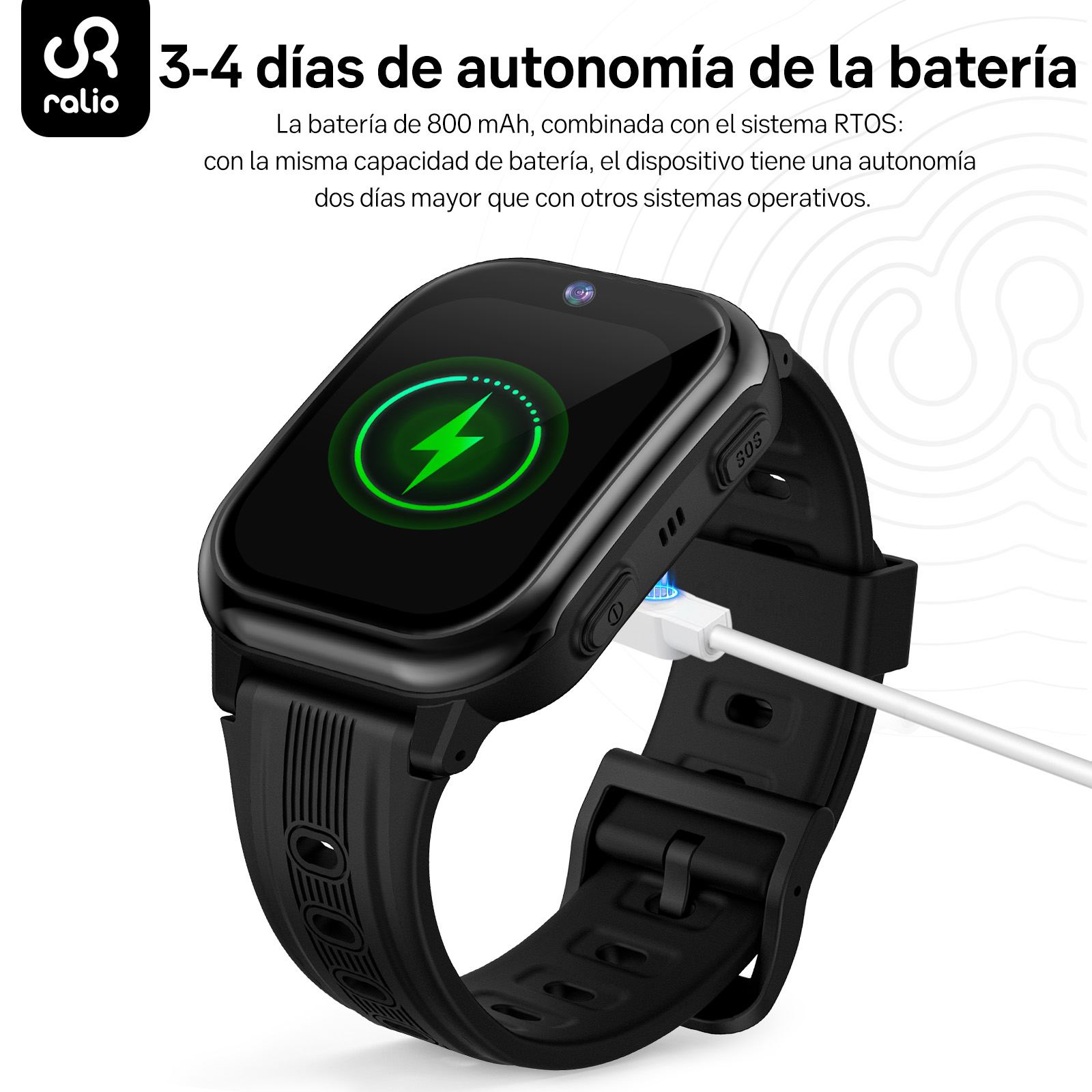 Reloj inteligente negro con puerto de carga e icono de batería.