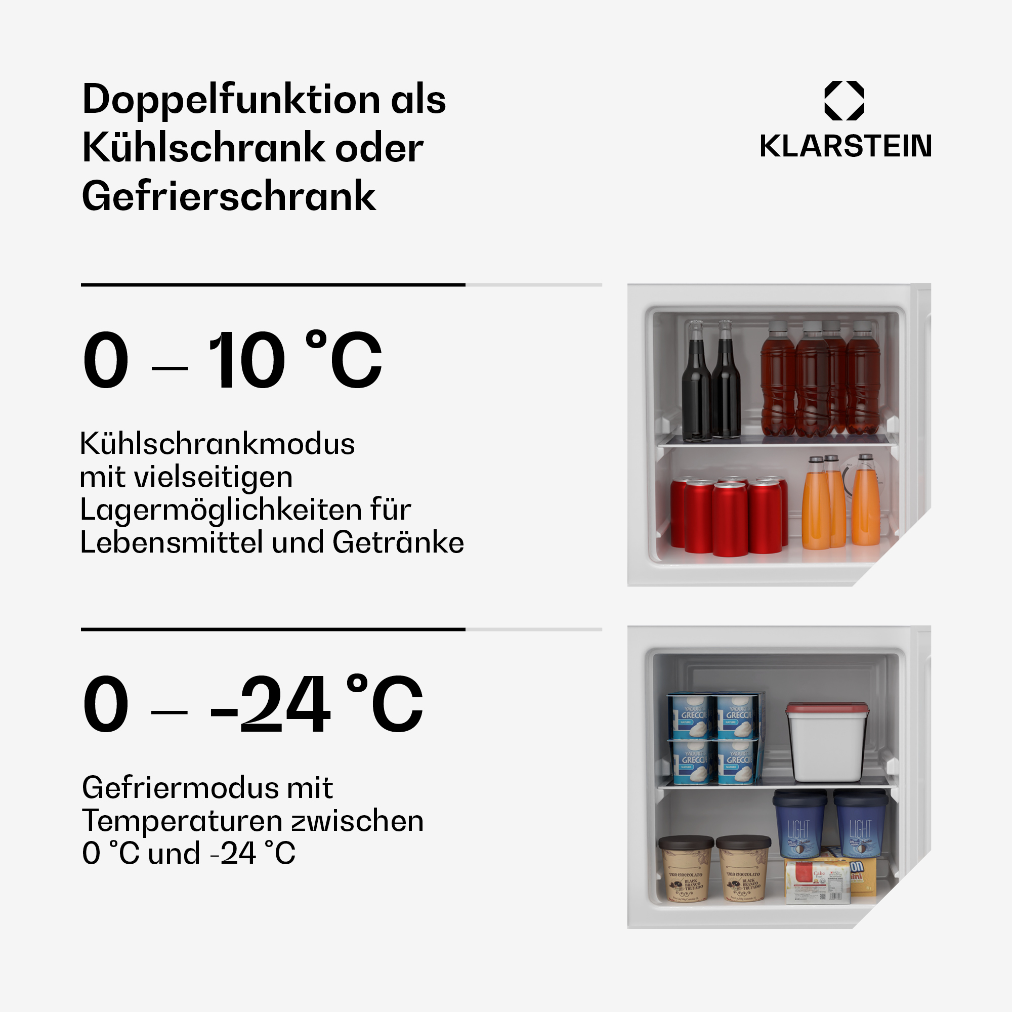 Kühlschrank mit Getränken und Gefrierschrank mit Eiscreme.