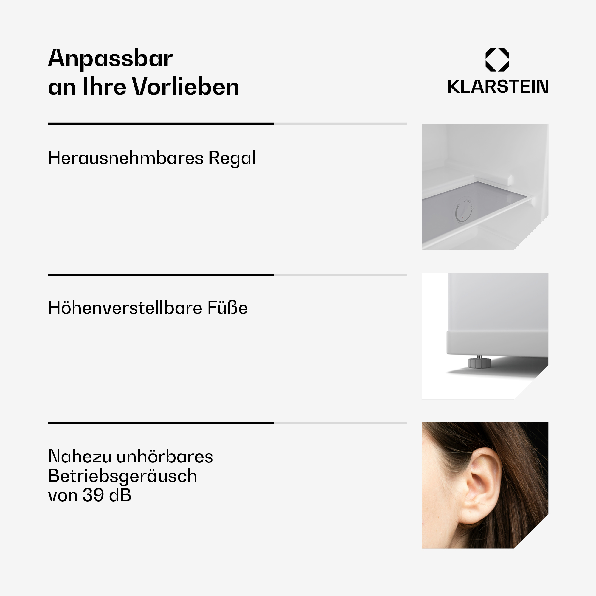 Klarstein-Logo, herausnehmbares Regal, verstellbare Füße, Ohr.