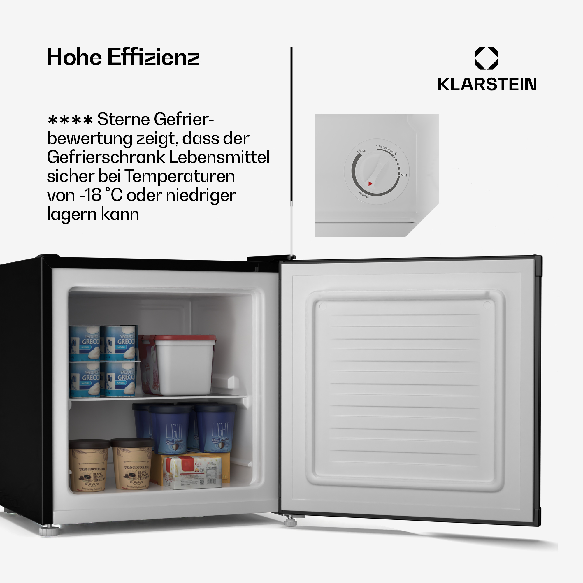Ein offener Gefrierschrank mit Joghurt, Eis und Kuchen. Links oben ist ein Temperaturregler.