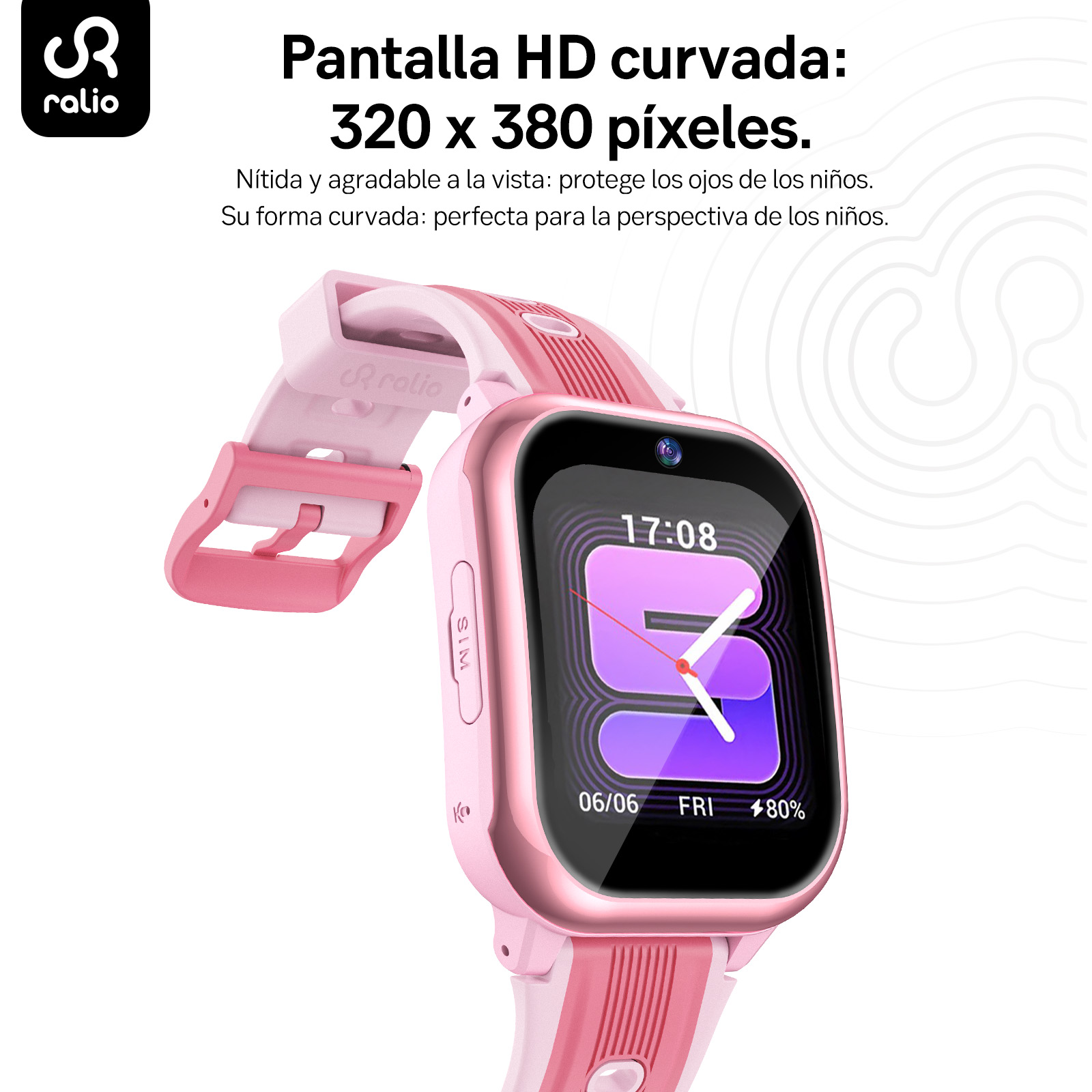 Reloj inteligente rosa para niños con pantalla HD que muestra 17:08. Seguro.