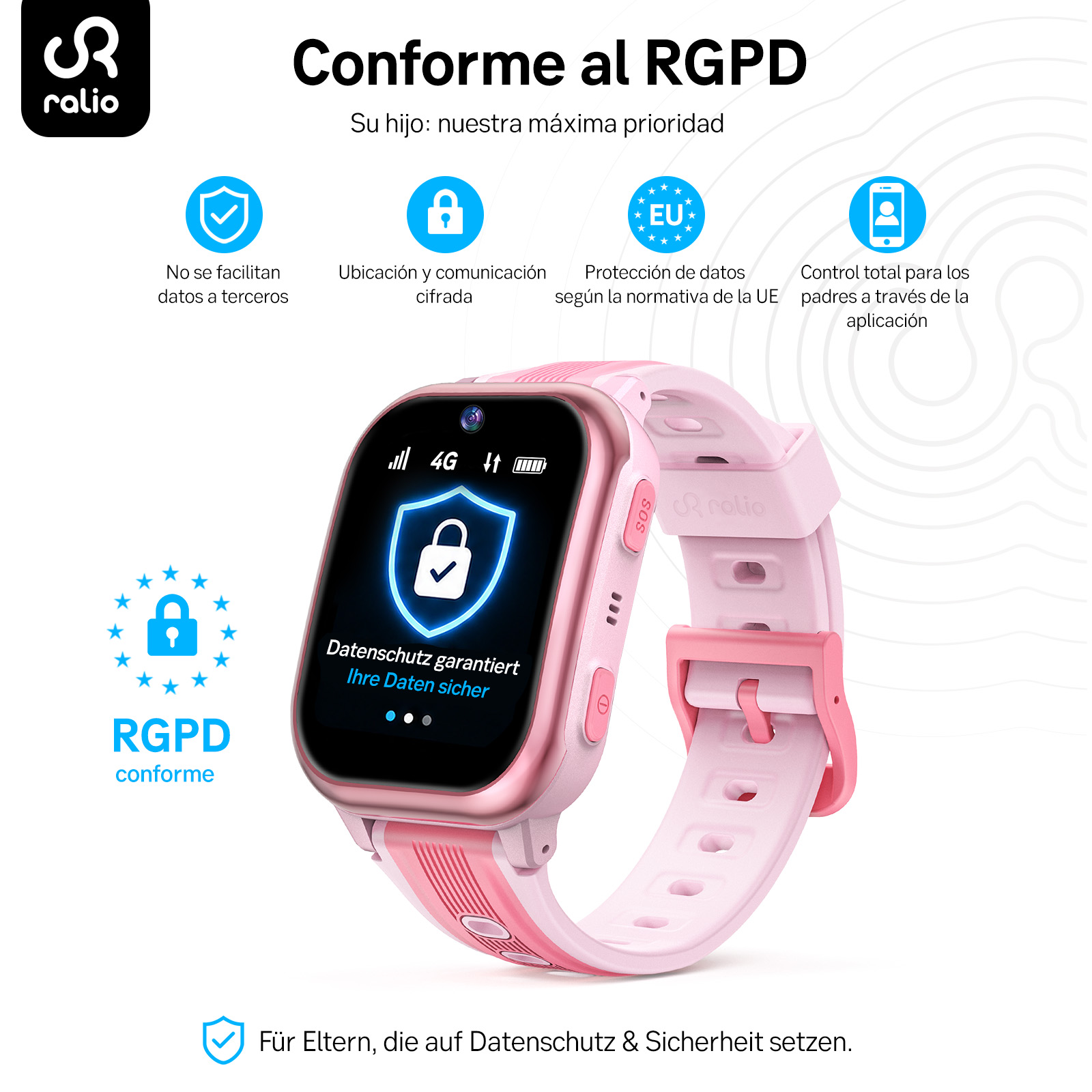 Reloj inteligente rosa con íconos RGPD: protección de datos, ubicación, UE.