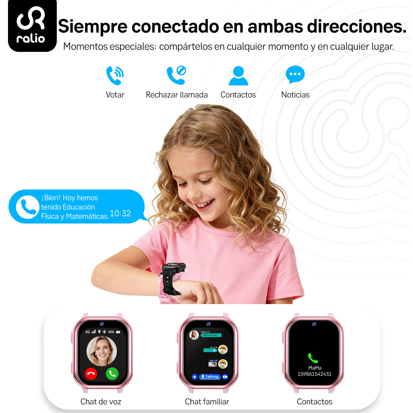Una niña lleva un smartwatch, mirando tres pantallas de reloj diferentes.