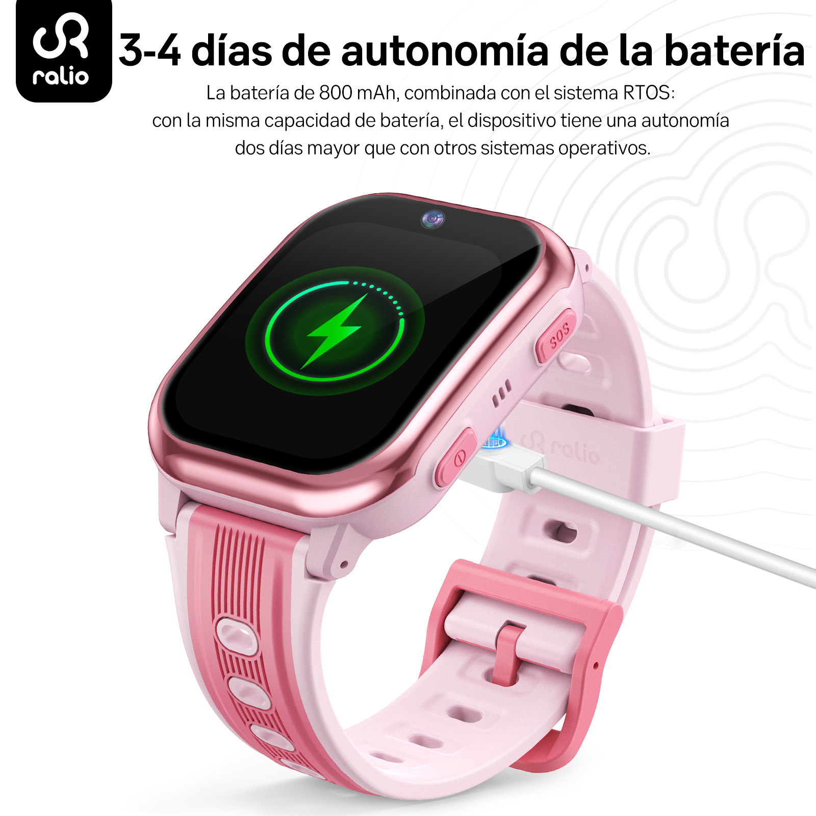 Un reloj inteligente rosa con icono de carga y botón SOS se está cargando.