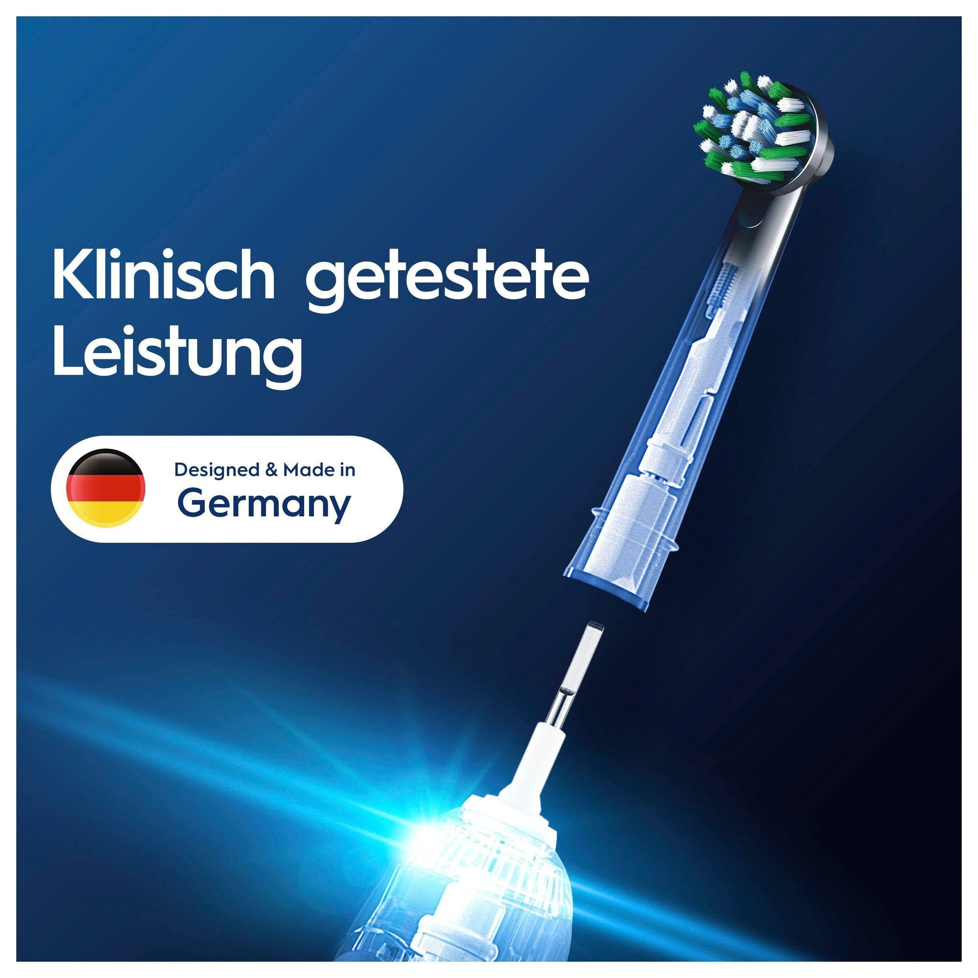 Elektrische Zahnbürste mit Borsten und "Made in Germany"-Siegel.