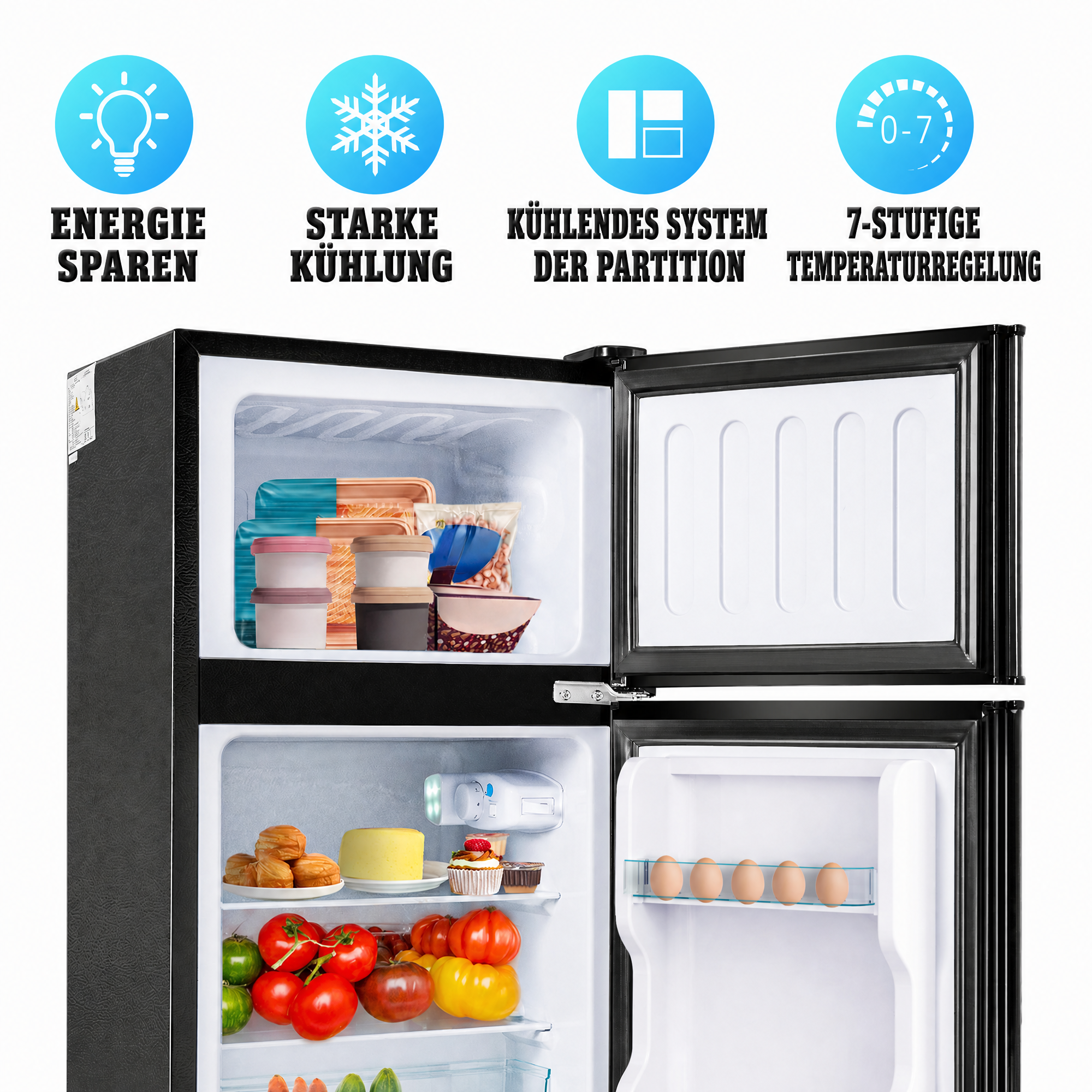 Ein offener schwarzer Kühlschrank mit Lebensmitteln. Oben sind Symbole für Energie, Kühlung, Partition und Temperatur.