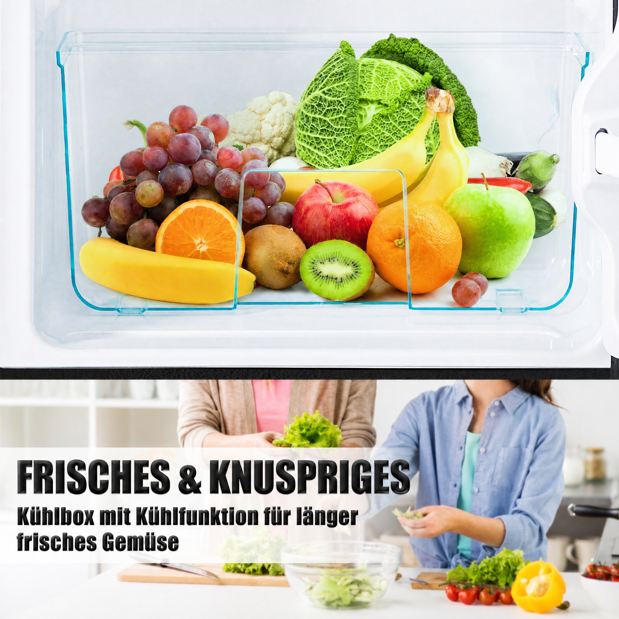 Frisches Obst und Gemüse in einer Kühbox, zwei Frauen bereiten Salat zu.