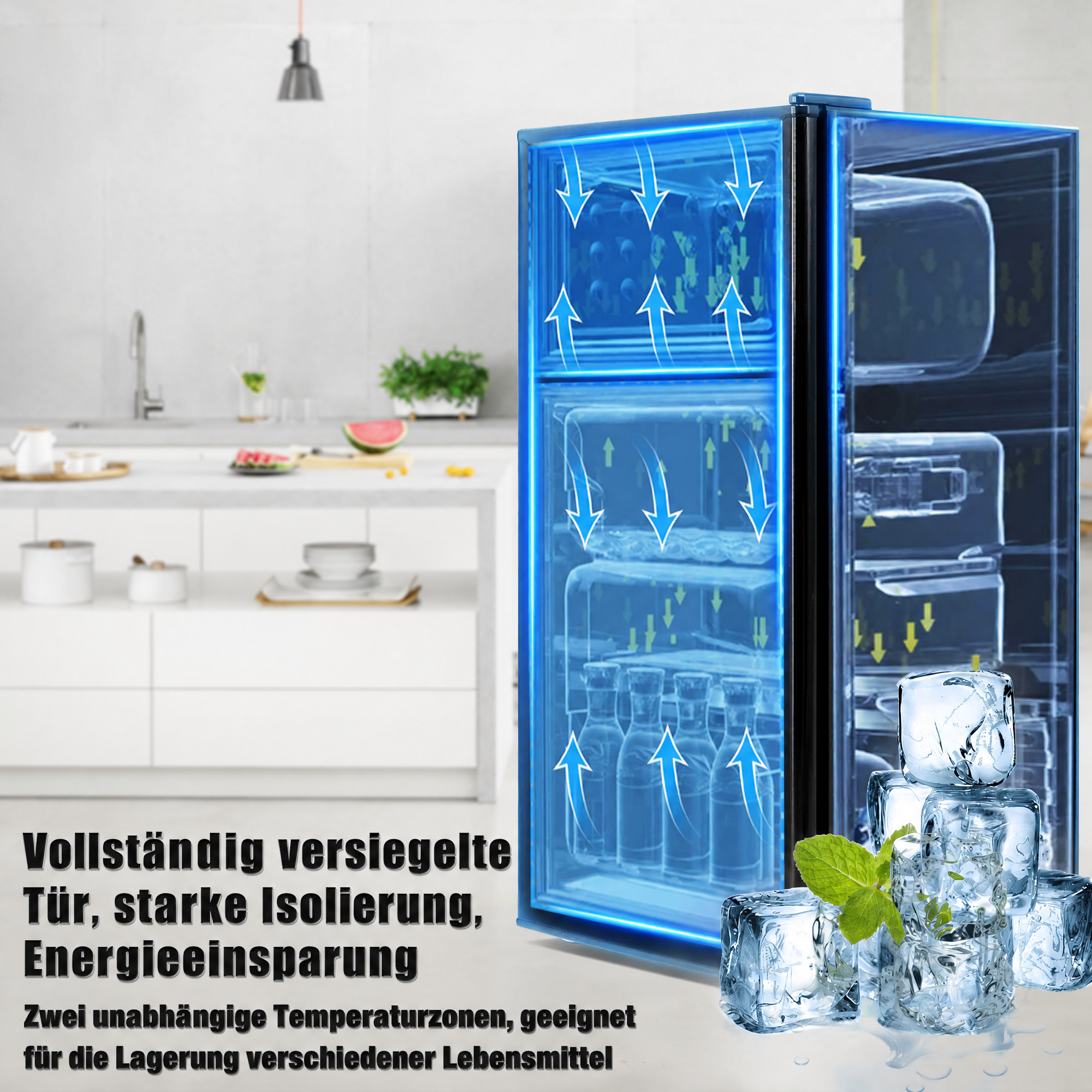 Kühlschrank mit Luftstrompfeilen, Eiswürfeln und Text.