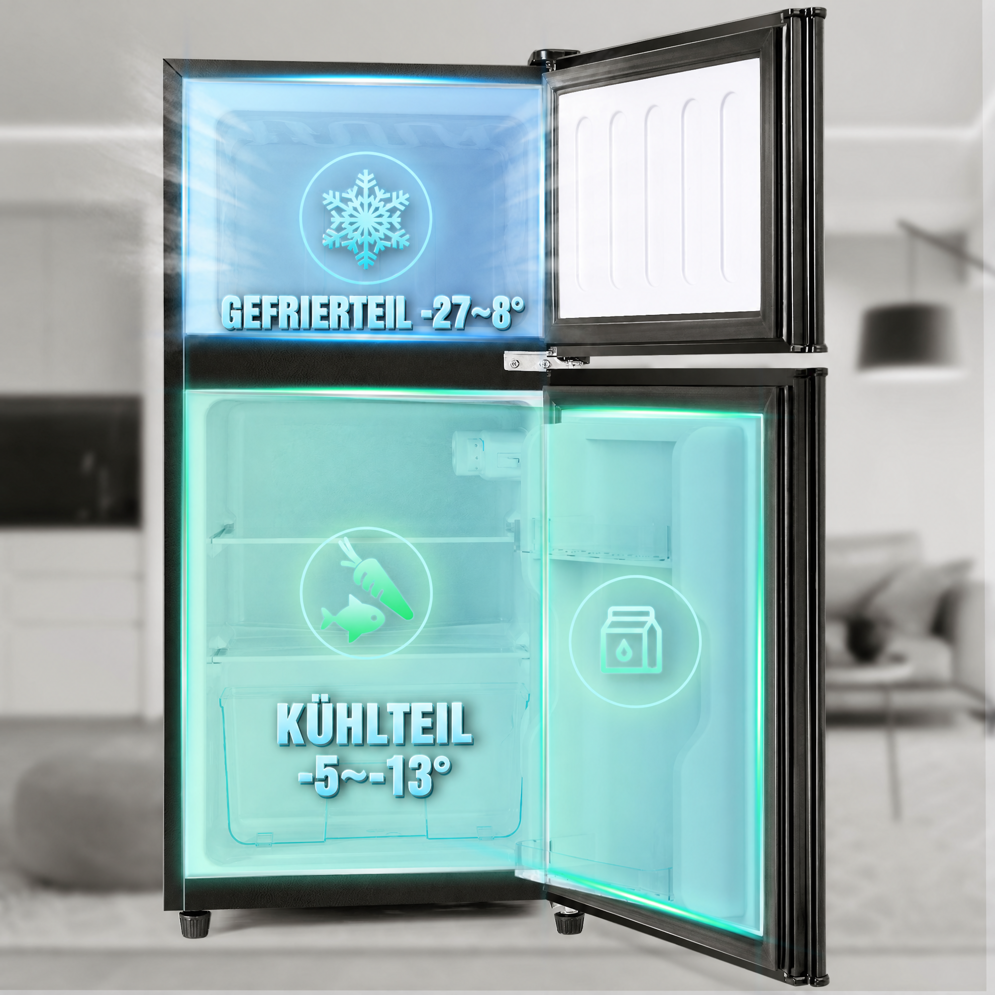 Kühlschrank mit beleuchteten Fächern: Gefrierteil -27-8°, Kühlteil -5-13°.
