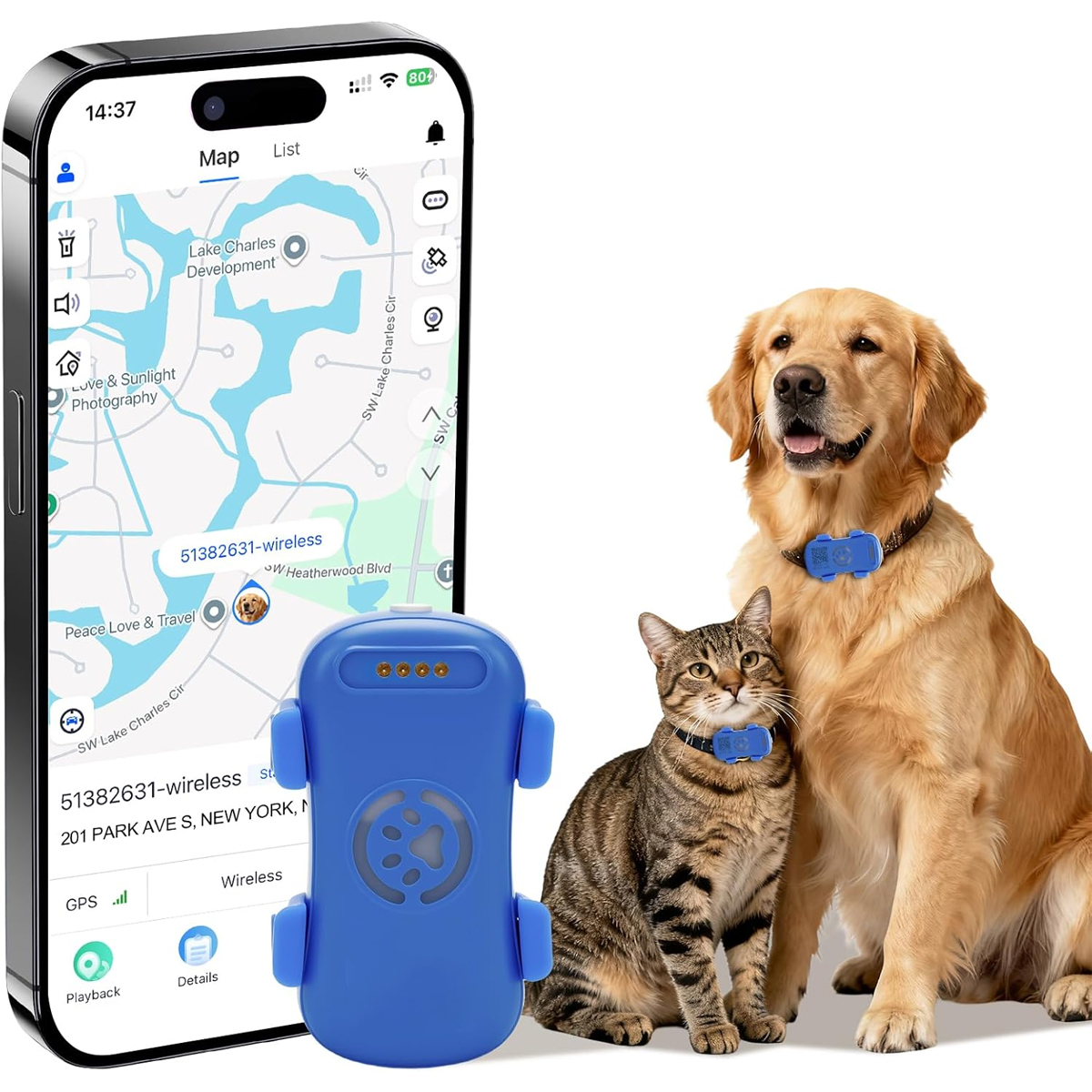 Blauer GPS-Tracker neben Katze und Hund, Handy mit Karte im Hintergrund.