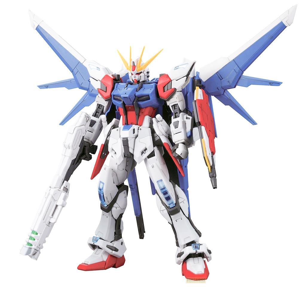 Ein weißes, blaues und rotes Robotermodell mit großen Flügeln und einem Gewehr.