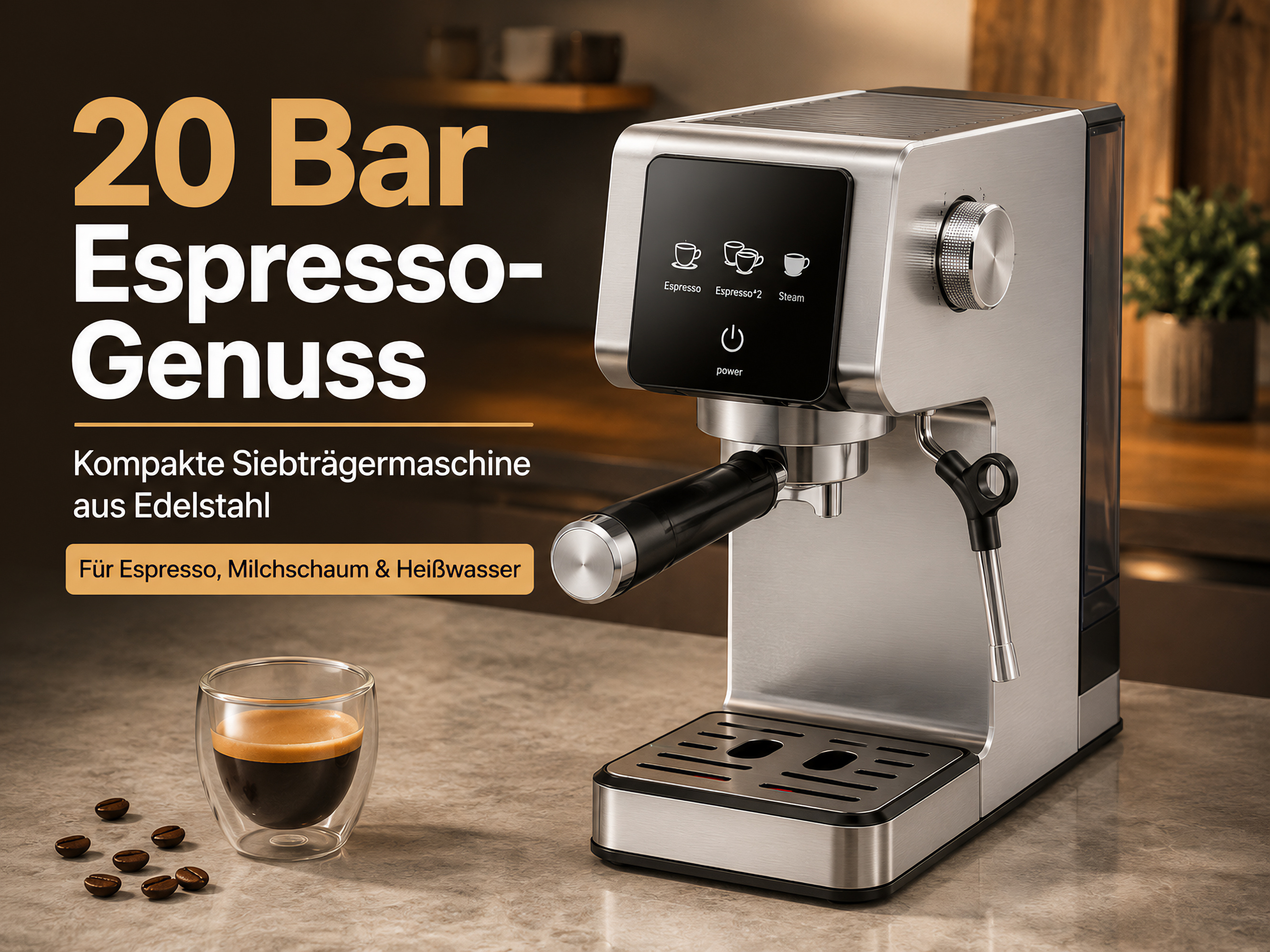 Edelstahl-Espressomaschine mit Siebträger, Glas und Kaffeebohnen.