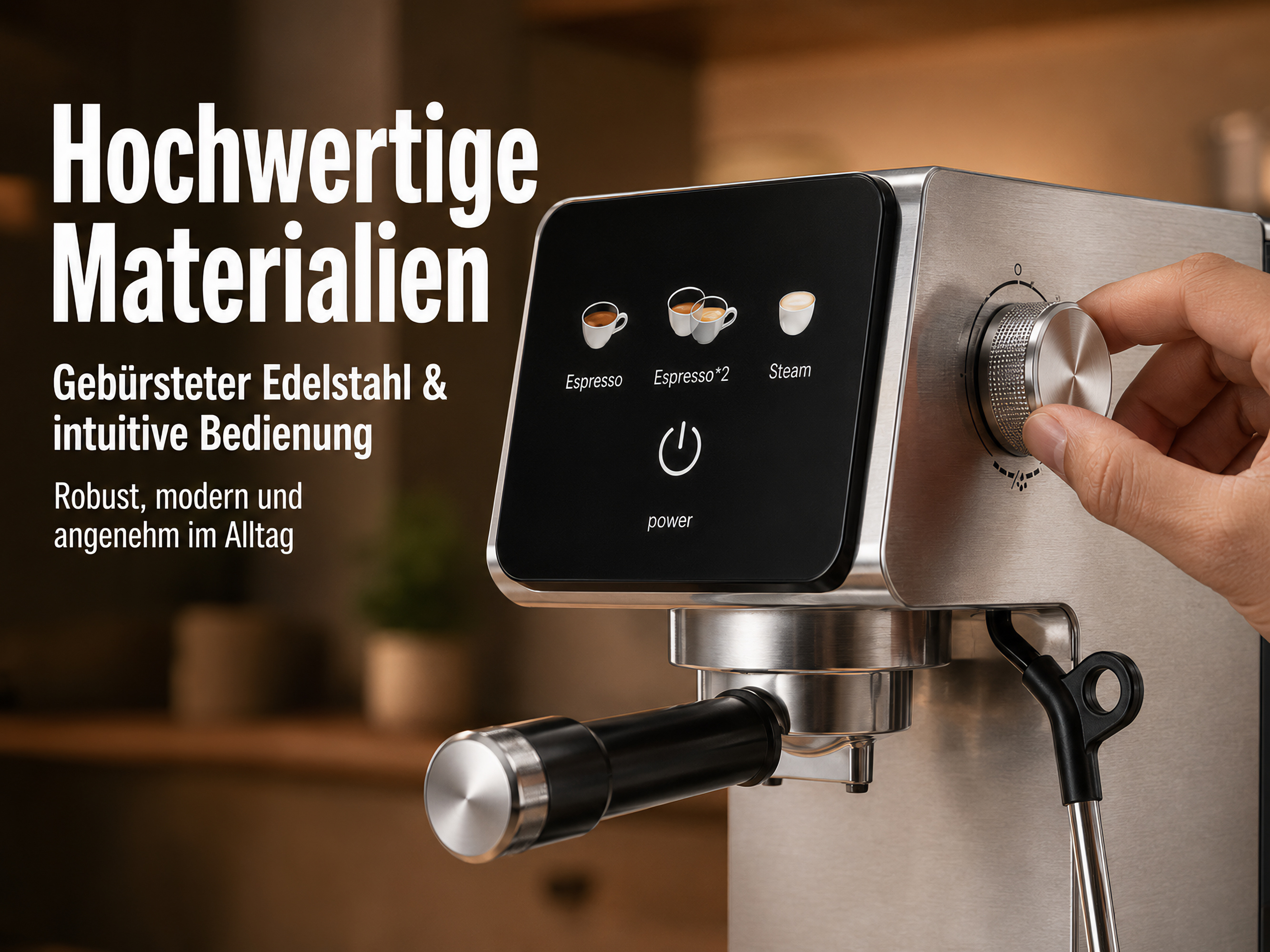 Eine Edelstah-Espressomaschine mit Touchscreen und Drehknopf. Ein Finger dreht den Knopf.