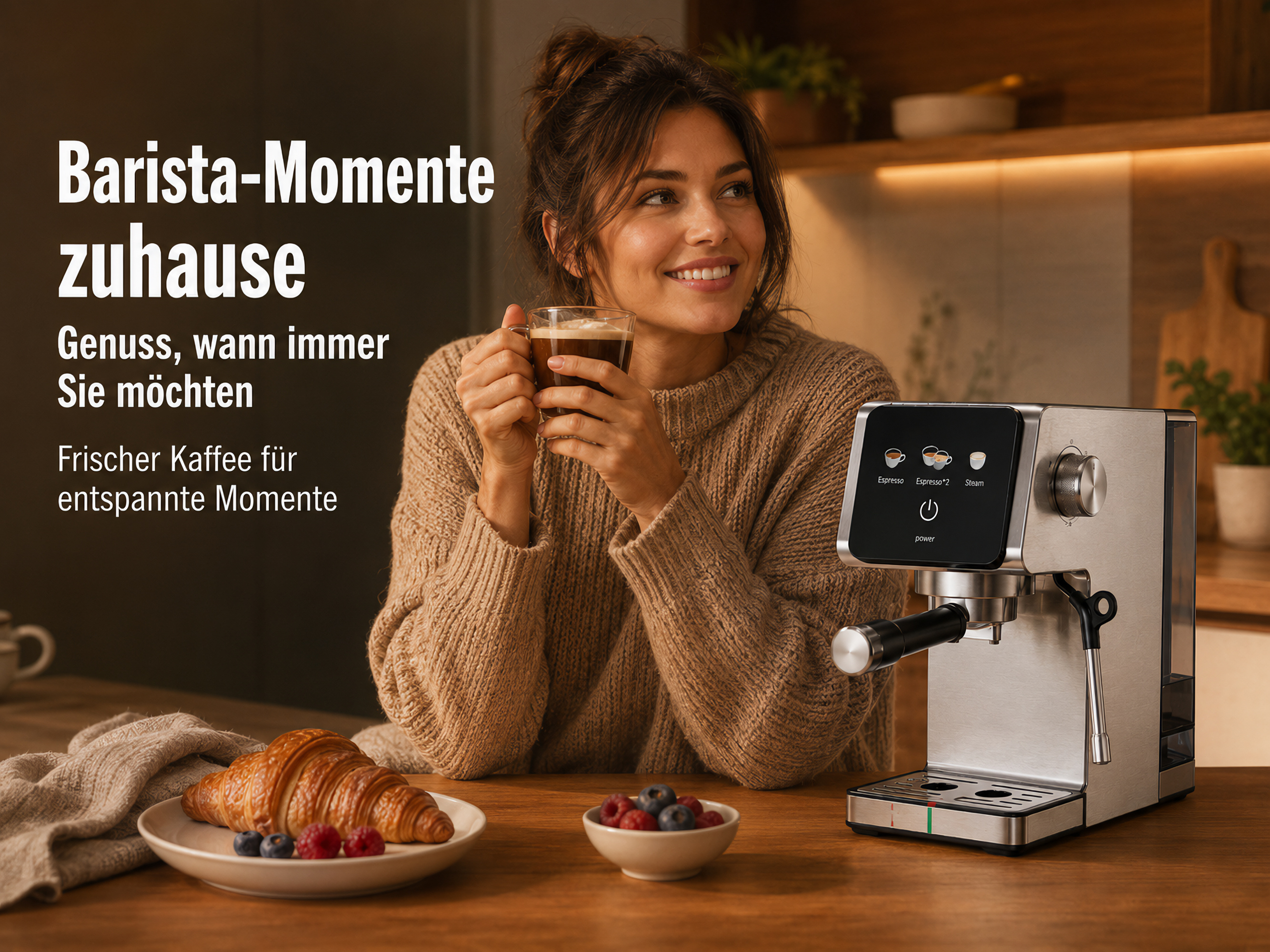 Eine Frau genießt Kaffee neben einer Espressomaschine und Gebäck.