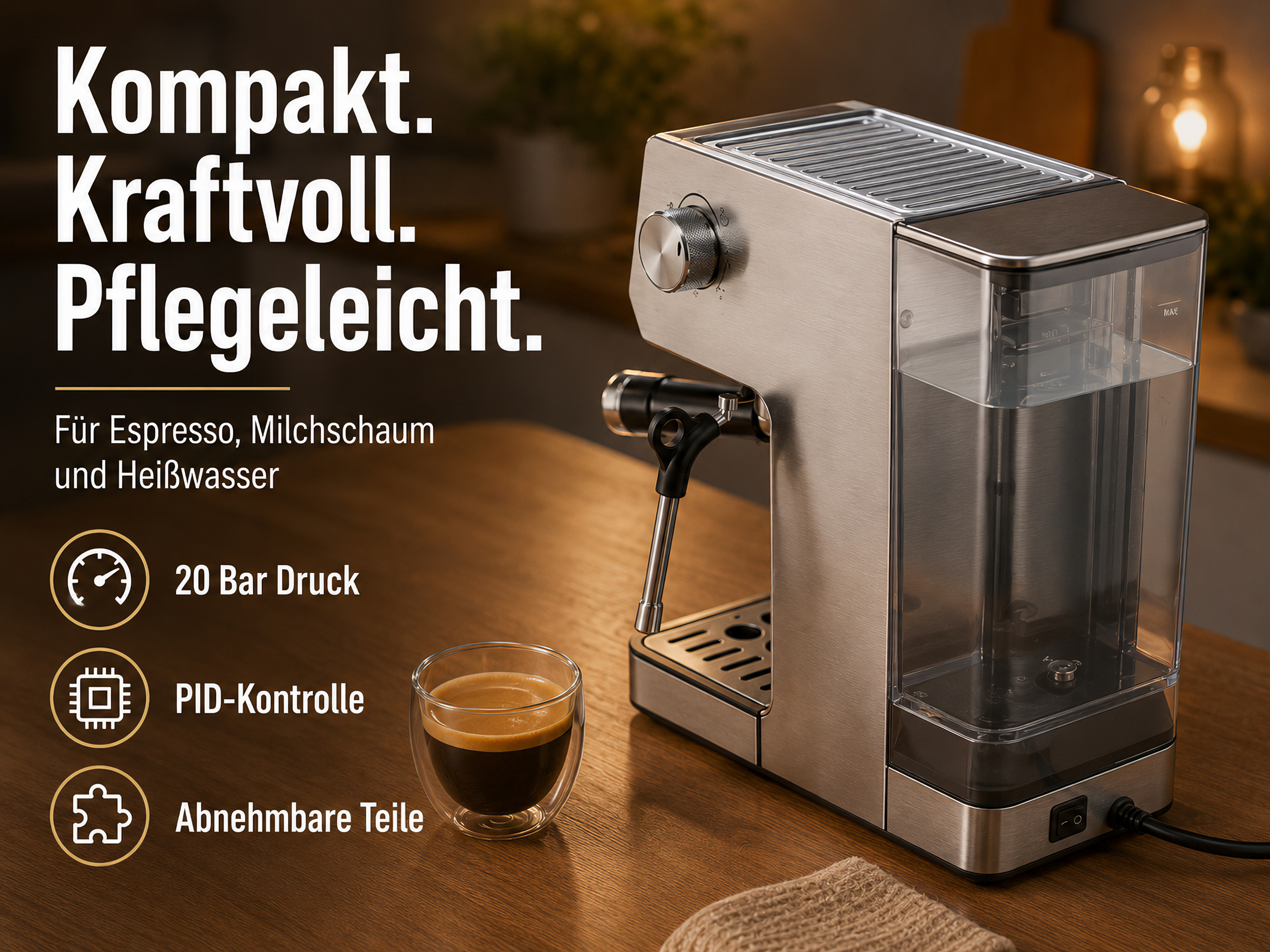 Edelstahl-Espressomaschine mit Glasbehälter für Wasser und einer Tasse Espresso.