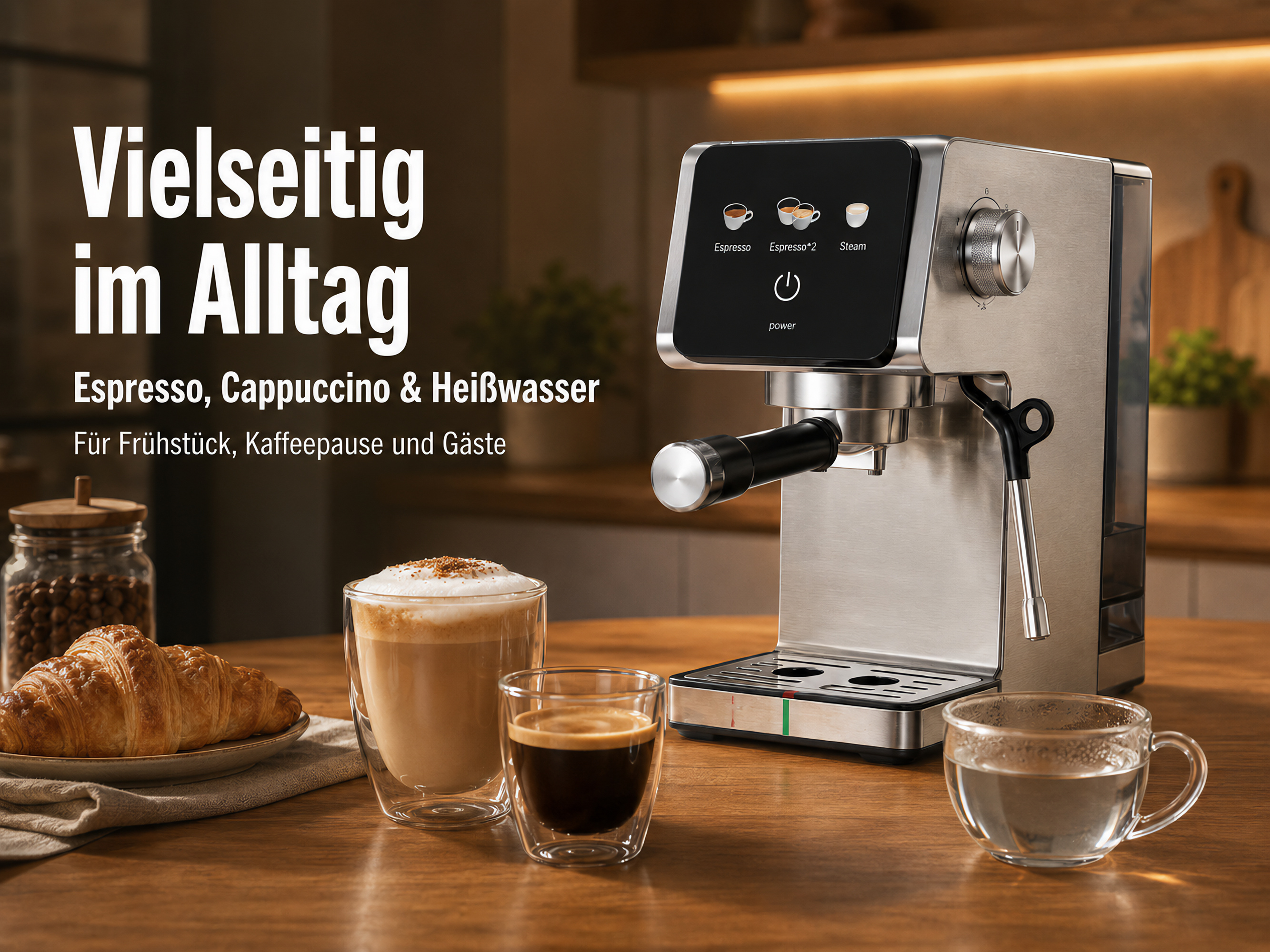 Edelstahl-Kaffeemaschine mit Croissant, Kaffee und Wasser auf Holztisch.